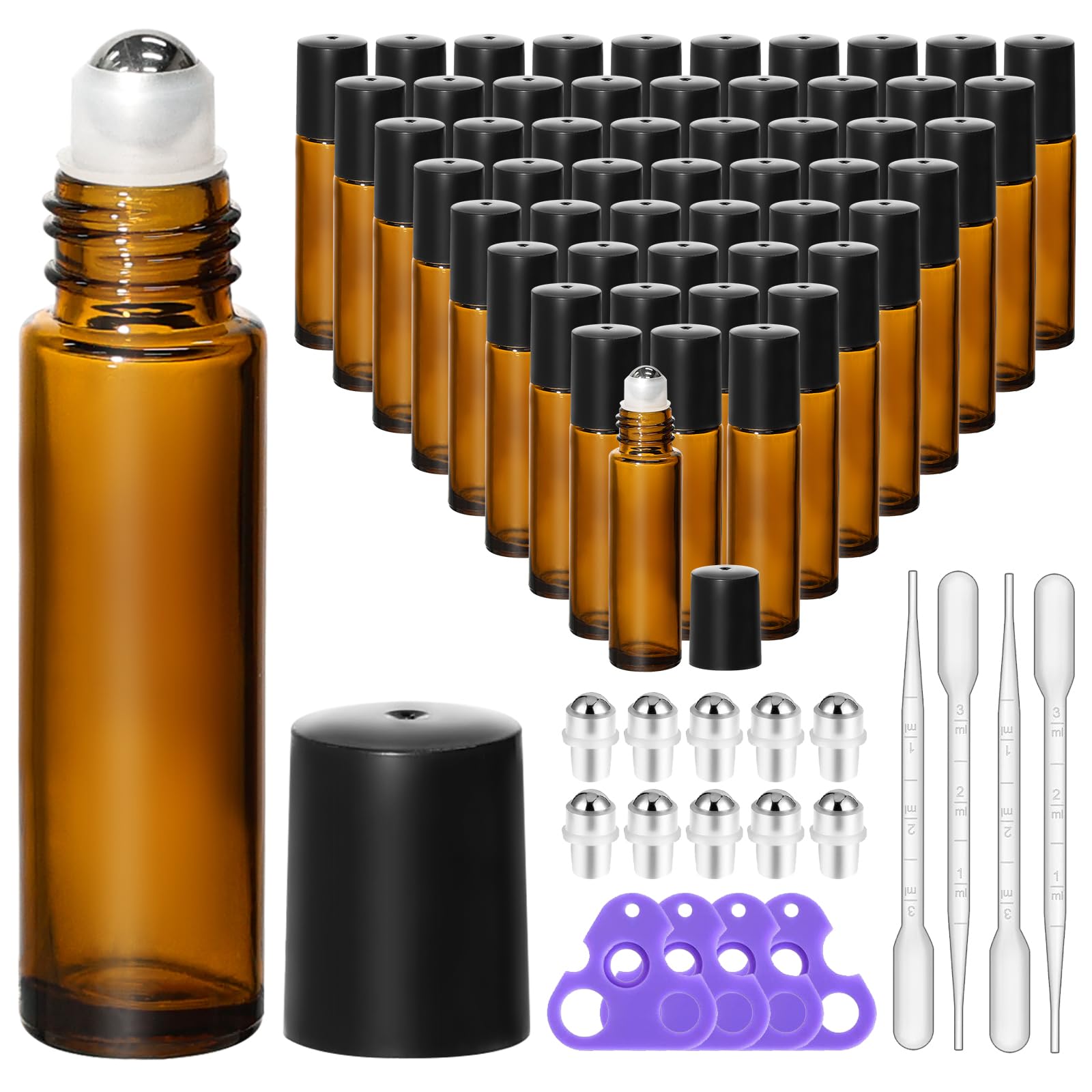 KEYWING 54 Pack Empty Essential Oil Roller Bottles – 10ml Amber Glass Roll-On Bottles with Stainless Steel Roller Balls & Caps, Refillable Perfume