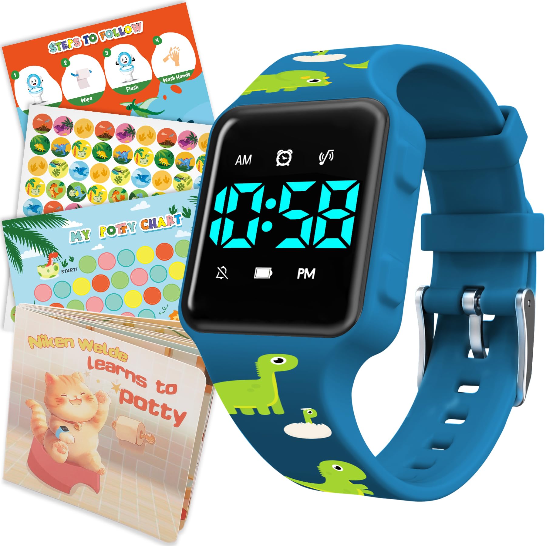 Toddler Potty Training Set Potty Training Watch with Musical Vibration Alerts Fun Board Book Progress Chart Reward Stickers