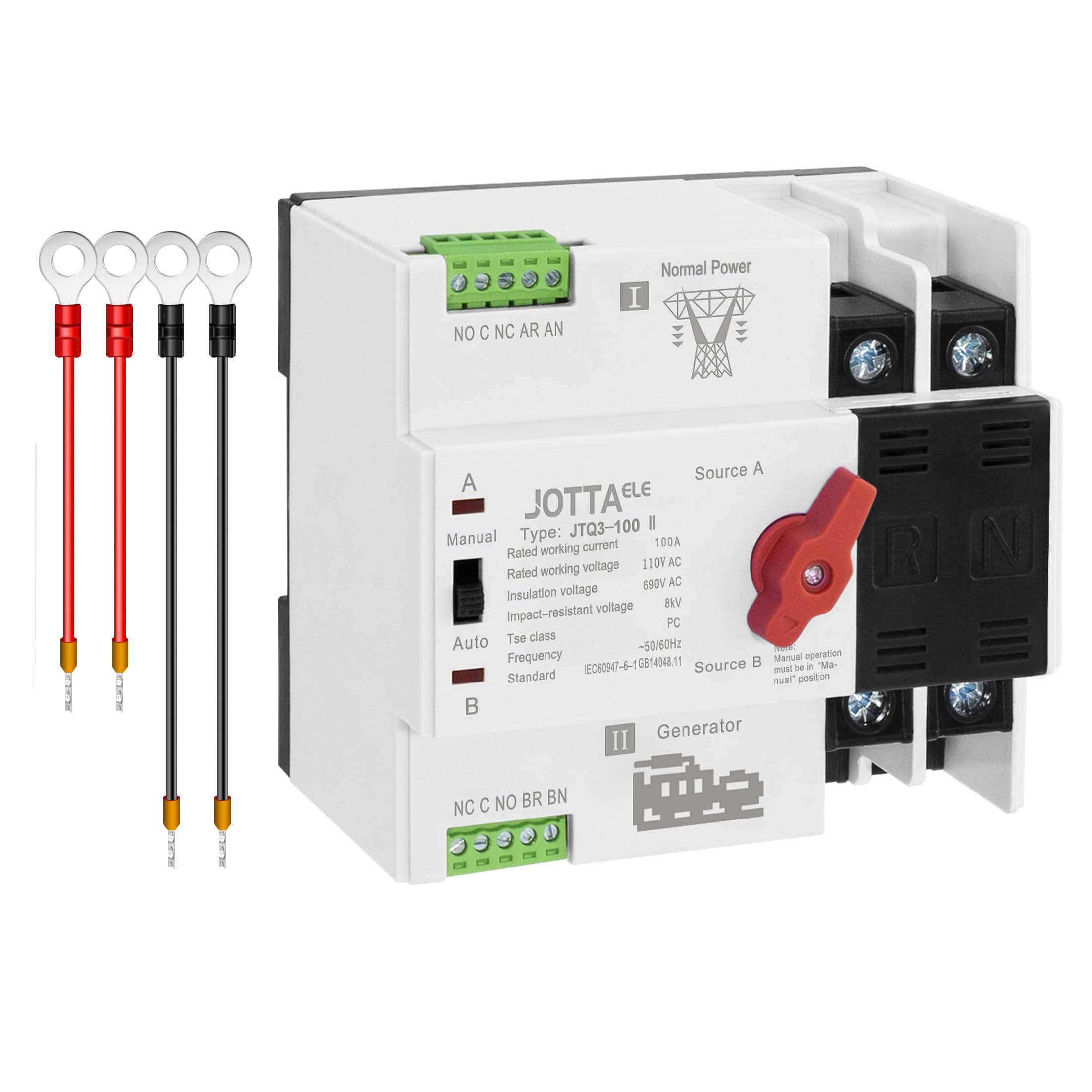 JOTTAELE ATS,Dual Power Automatic Transfer Switch 2P 100A 110V 50/60Hz,Changeover Switch for Generator