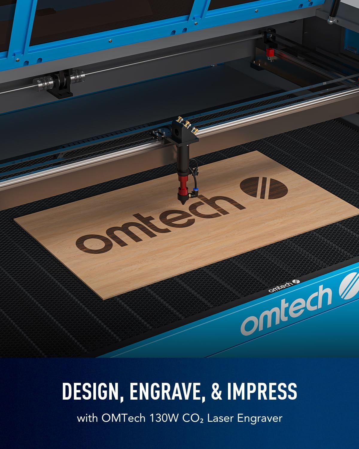 Laser engraver working on a wooden board with OMTech logo