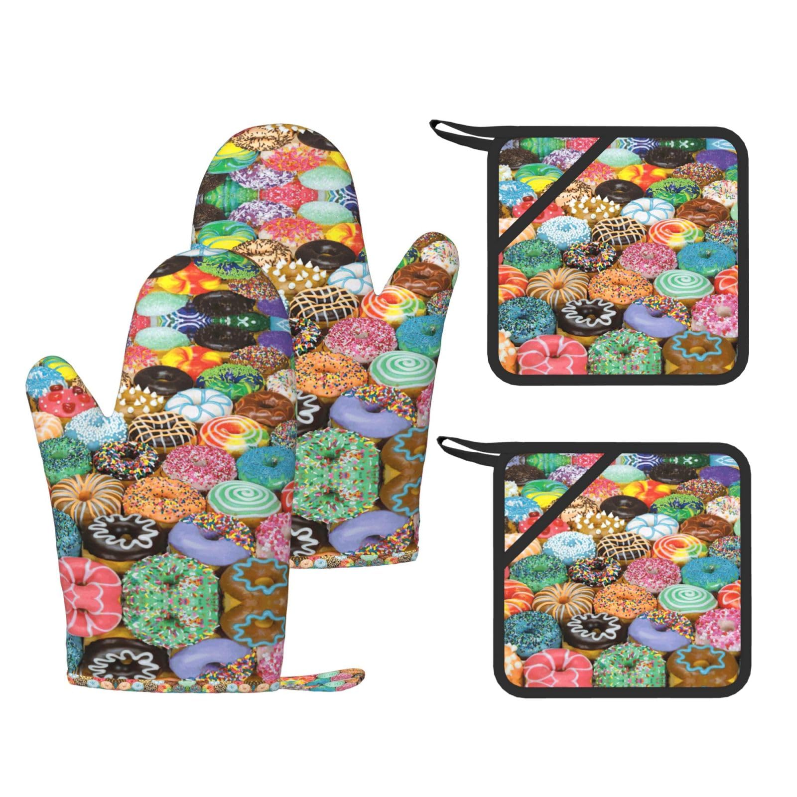 Eeprty Black Donuts Printed Kitchen Oven Gloves And Potholder 4 Pcs, Non-Slip Heat Resistant Mitts For Baking Chef