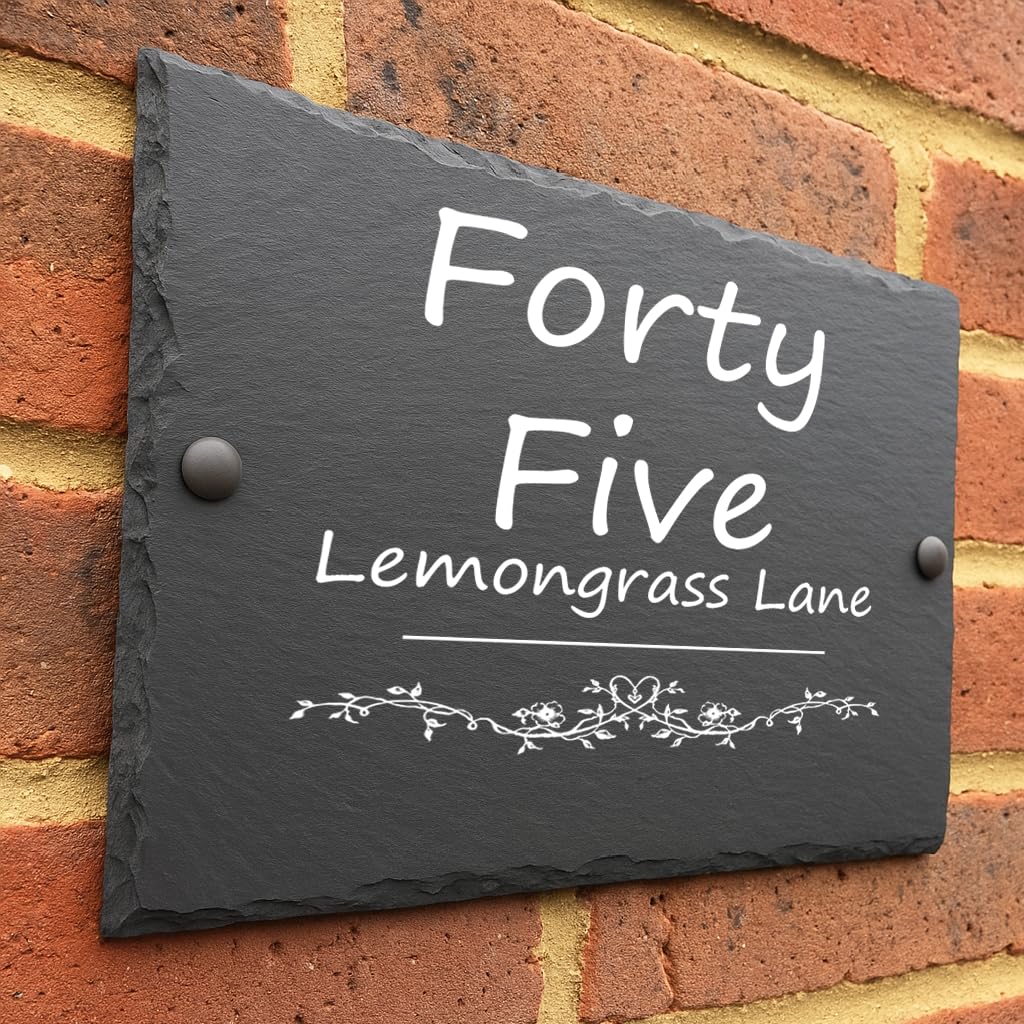 Crafted Memories - Rustic Slate House Sign | Personalized UV-Printed Address Plaque | Weather-Resistant | Easy Install | Slate Personalised House Plaque, Address Heart