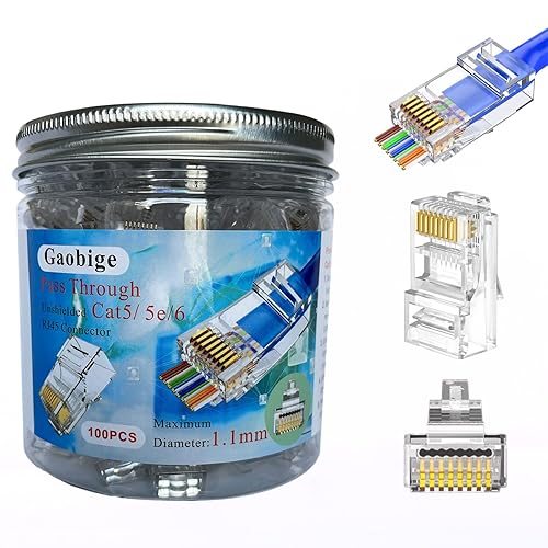Paquete de 100 conectores de paso Cat5 Cat5e Cat6 RJ45, conectores sin blindaje de 0.043 in para cable sólido y cable estándar