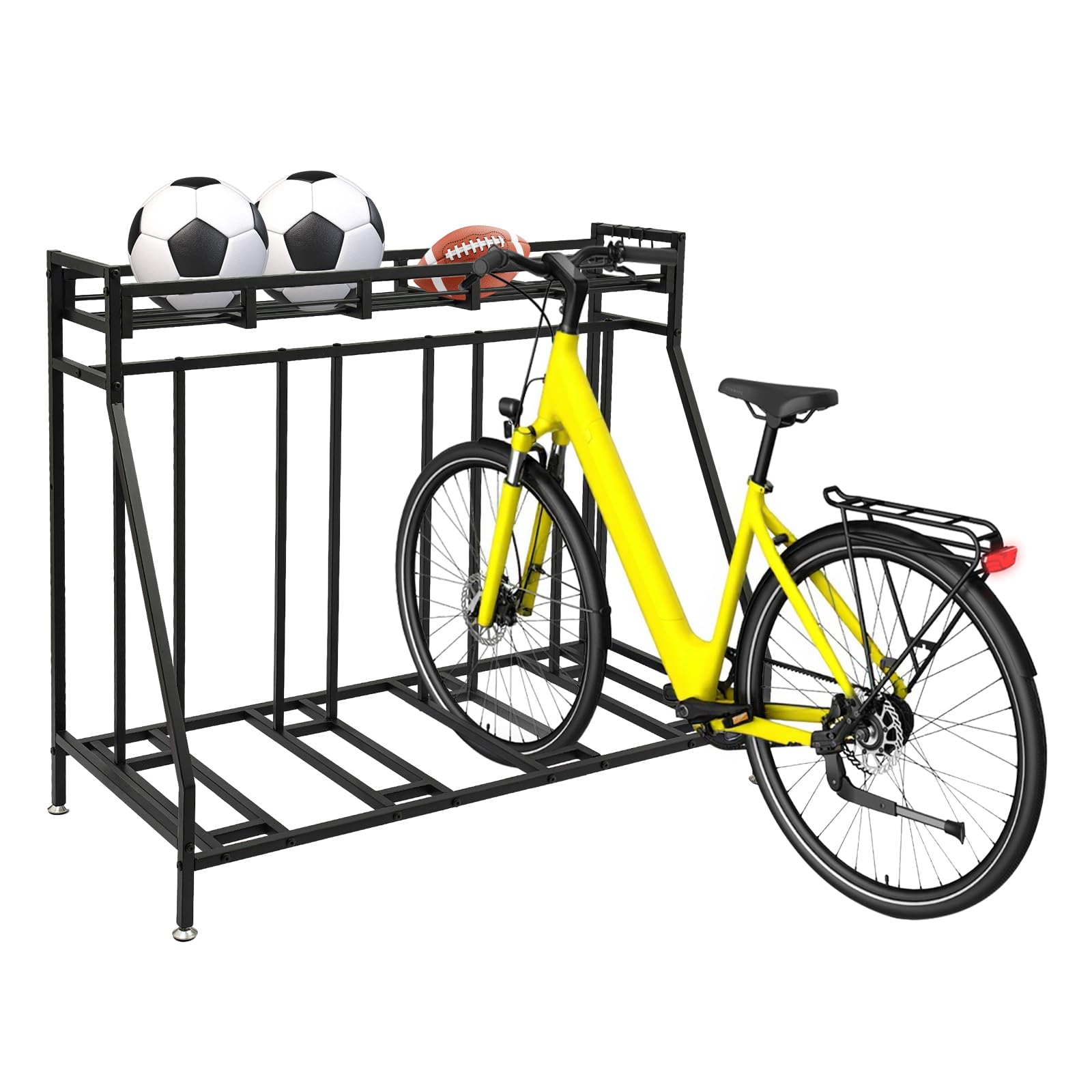 Fahrradständer Boden für 4 Fahrräder, mit Aufbewahrungskorb und 4 Haken, stabiler Metallrahmen, rostfrei und langlebig, platzsparendes Design, 100 kg Tragkraft, für Garage, Keller und Garten