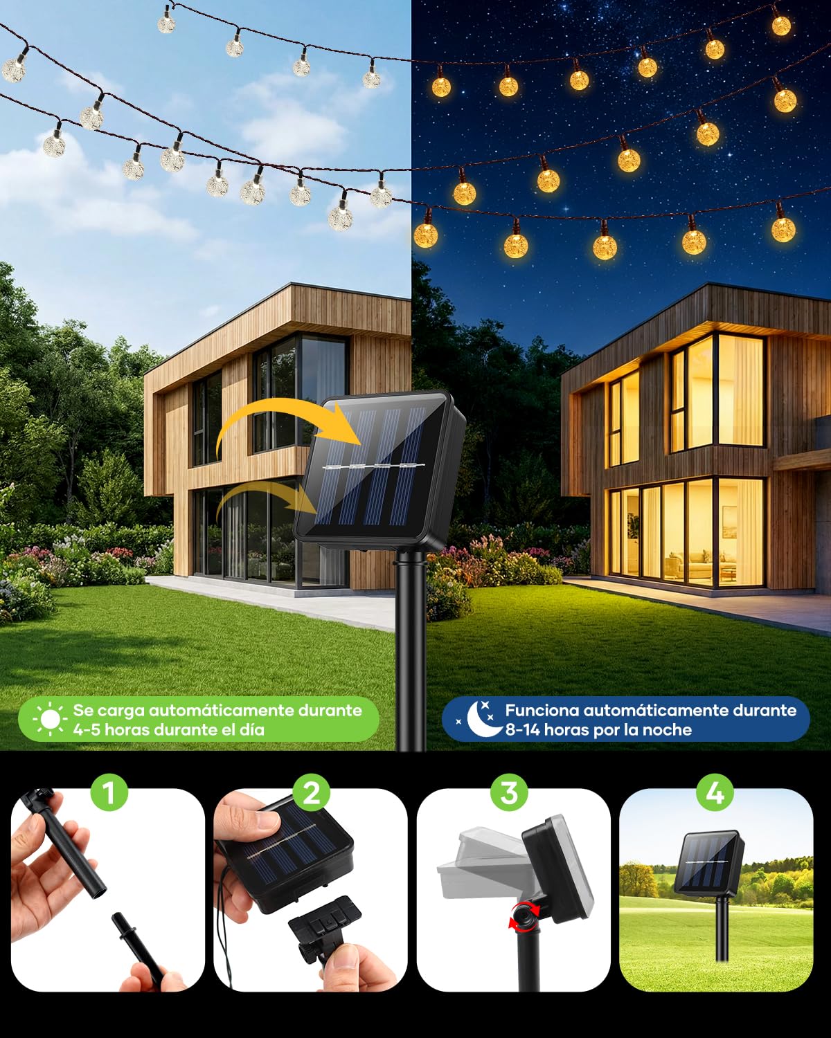 Suright Guirnaldas Luces Exterior Solar, 13M 60 LEDs Luces Solares LED Exterior Jardin, 8 Modos con Memoria, IP65 Impermeable, Luz Solar para Jardín Terraza Balcón Boda Fiesta, Cálido Blanco