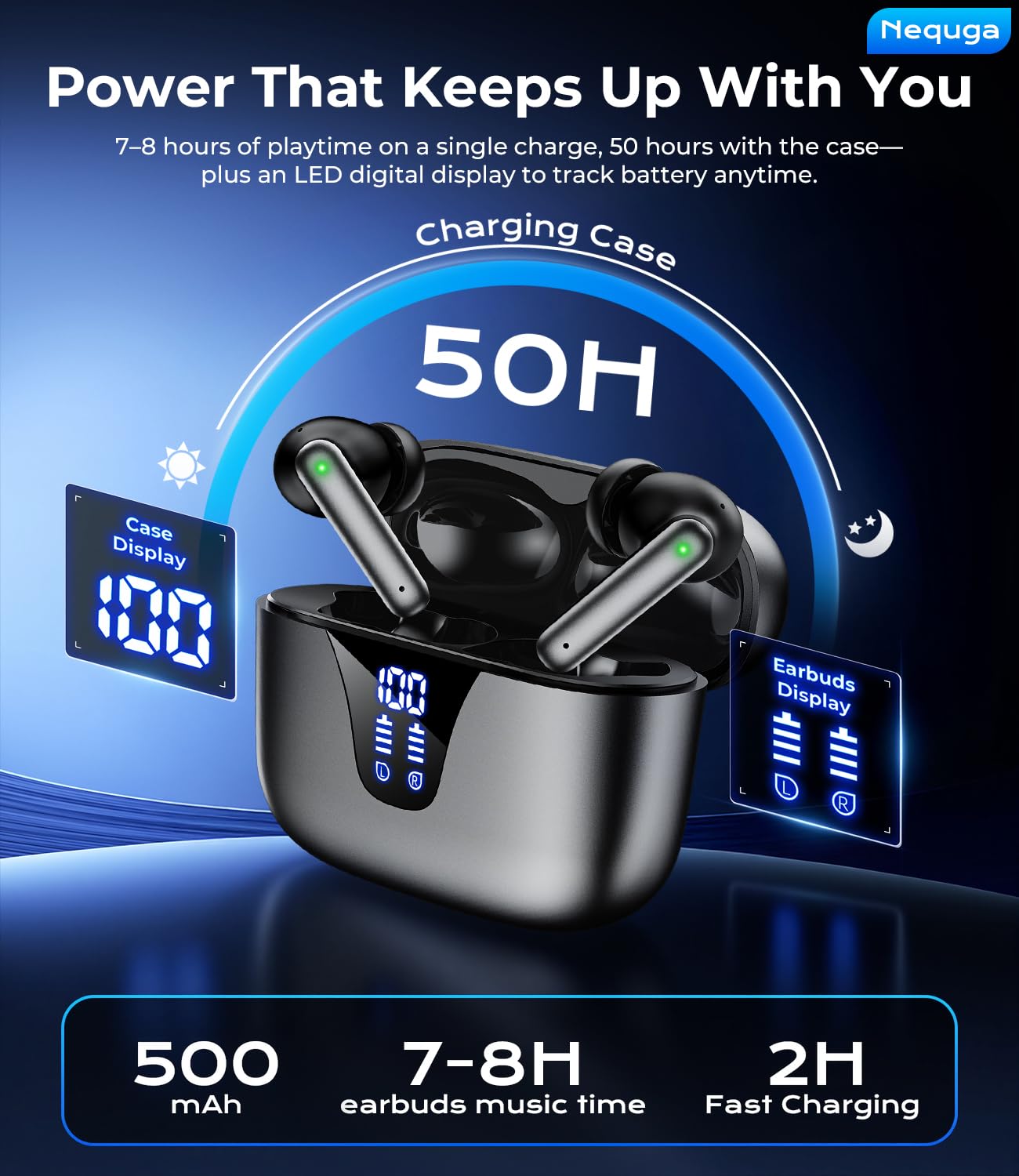 Wireless Earbuds Bluetooth Headphones, 50H Playtime Ear Buds with Mic, LED Digital Display Charging Case, IPX7 Waterproof, Deep Bass Stereo, in-Ear Earphone for iPhone Andriod Phone - 3