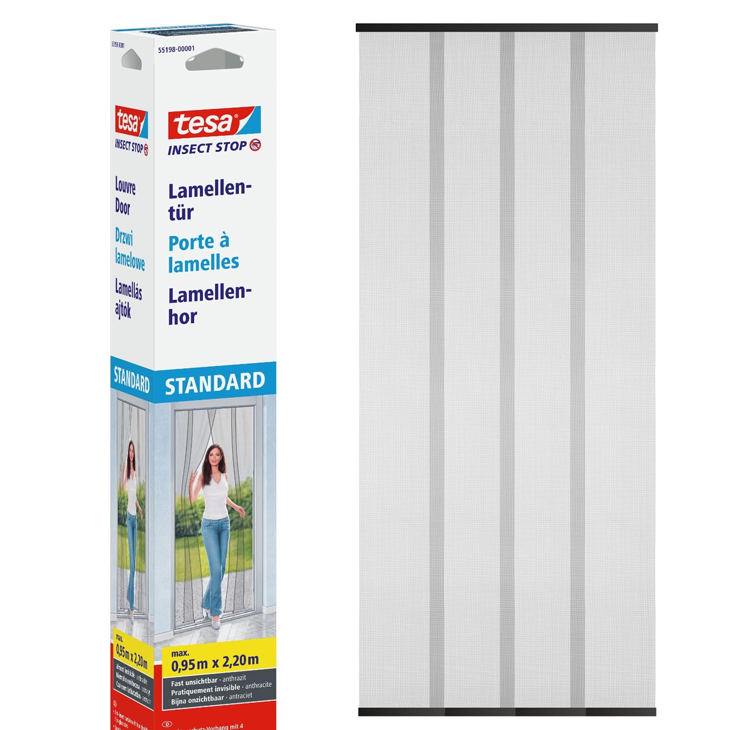 tesa Insect Stop Lamella Door STANDARD - 4-piece Fly Screen for Doors with Hook & Loop Tape - No Drill Fly Curtain - in Anthracite, 95 cm x 220 cm