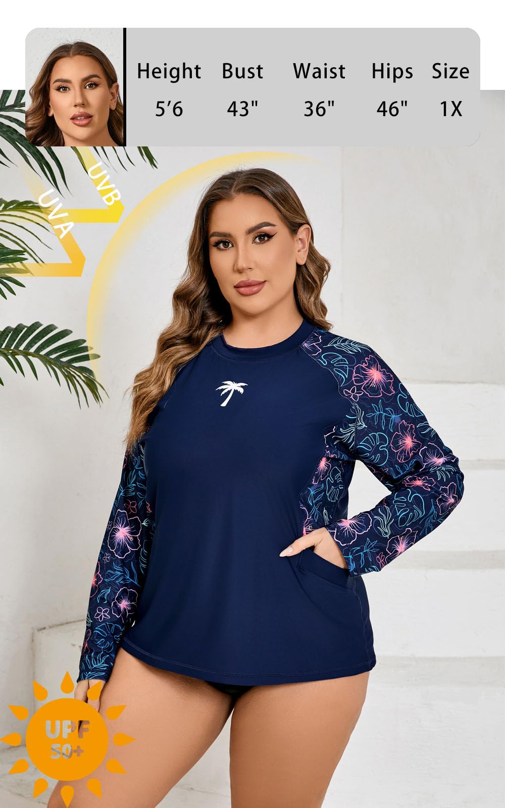 Halcurt Camiseta de natación de manga larga para mujer, talla grande, con brasier integrado, ajuste holgado, protección solar UPF50+