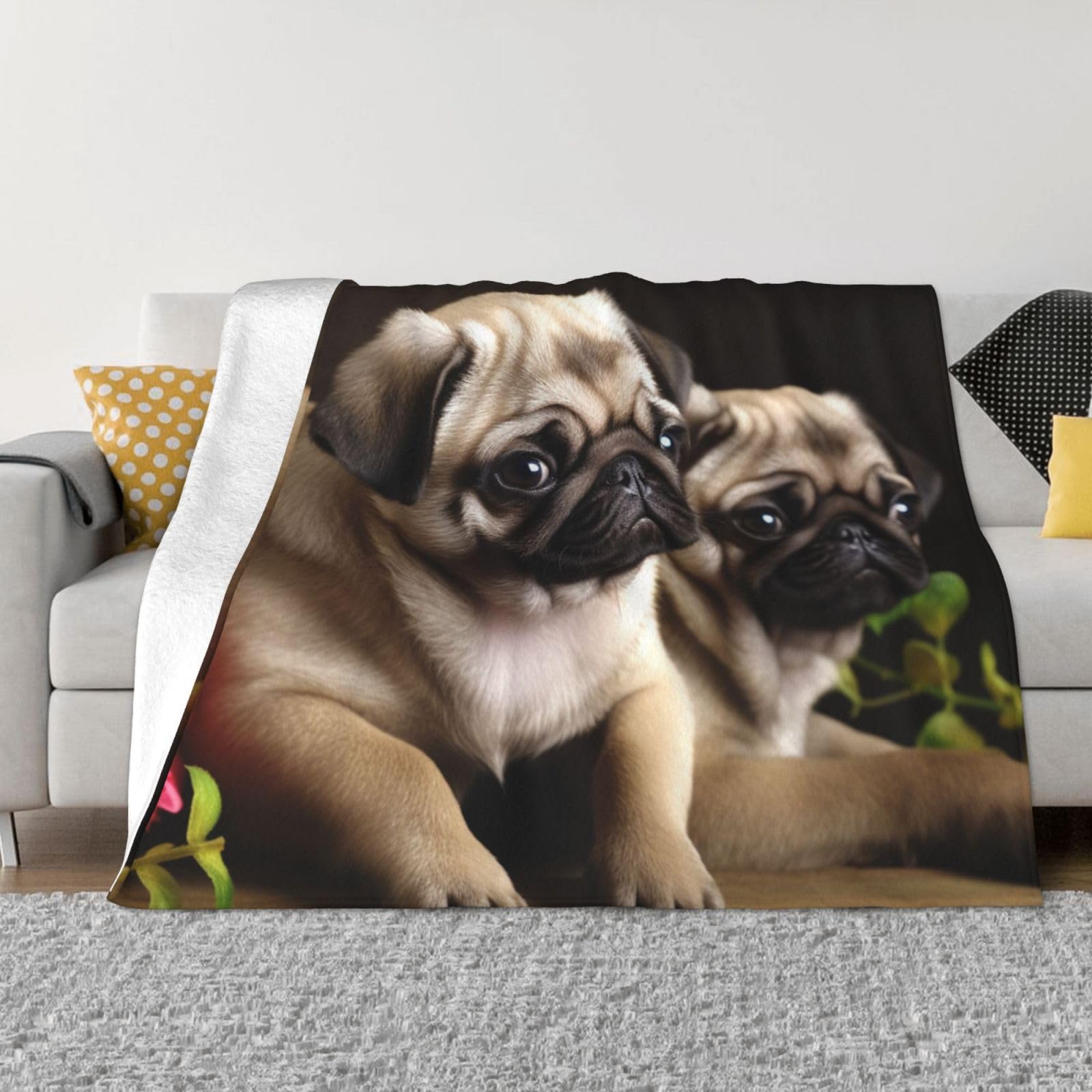Fodpand Black Puppys Pug Flannel Blanket 80"X60" - Ultra-Soft Lightweight Throw Blanket For Bed, Sofa, And Couch - Luxury Air Conditioning Blankets - Cozy Warm Blankets For All Seasons
