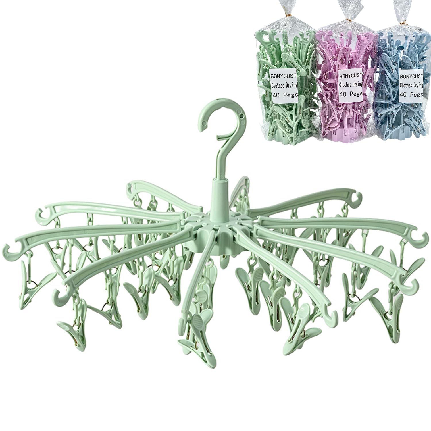 BONYCUST 40 Peg Folding Sock Hanging Rotatable Drying Rack Hanger Sock Dryer for Lingerie Clothes Shoe Insoles Underwear Baby Clothes & Hats (Green) — image 1