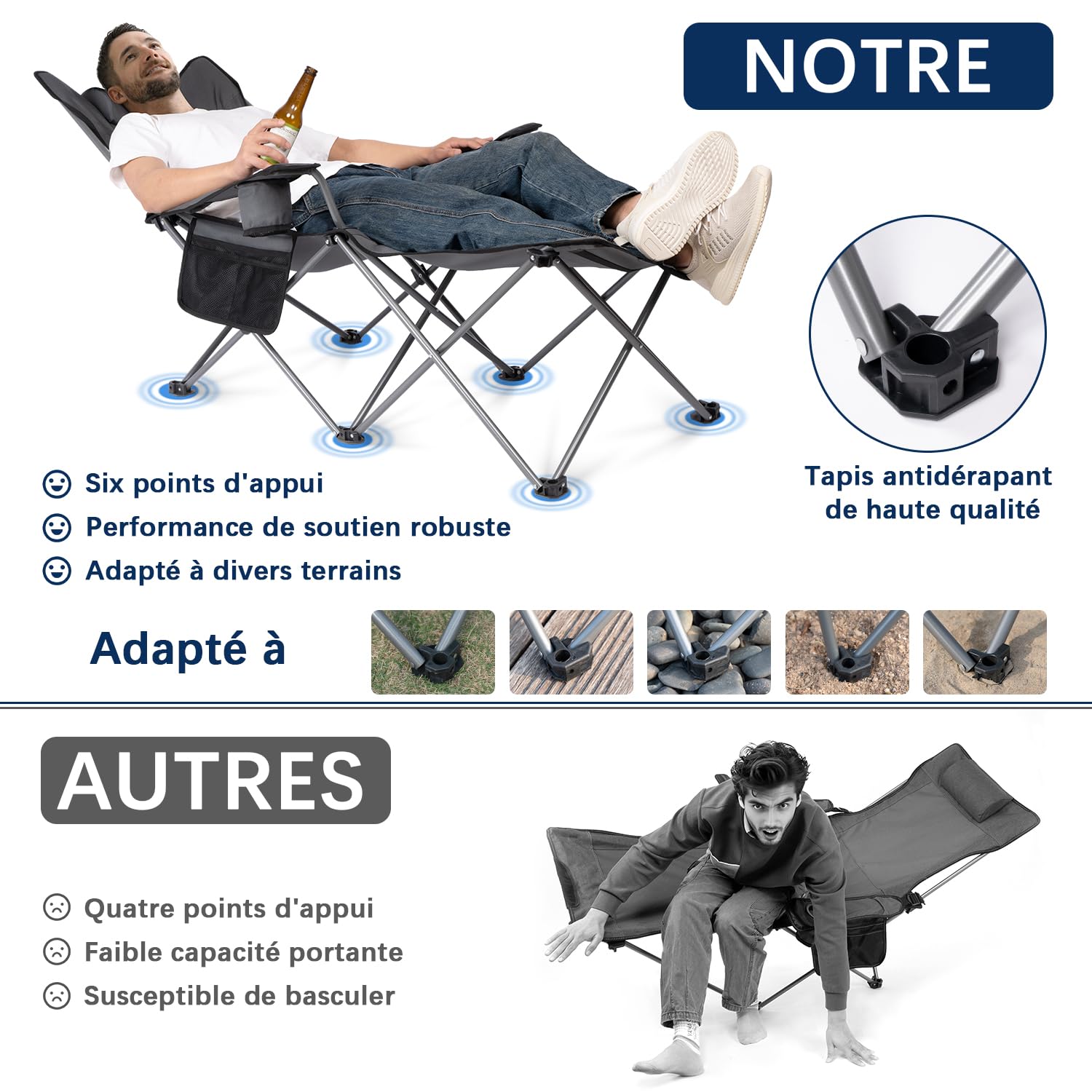 Apollo Walker Chaise de Camping Pliante en Plein Air - 120kg, Siège Portable avec Dossier Réglable, Porte-gobelet, Appui-tête et Sac - Gris