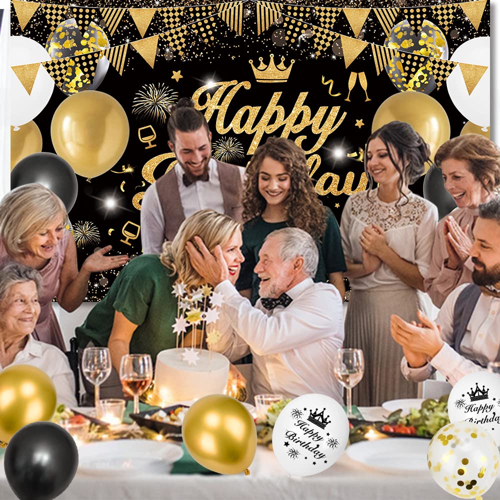 Striscione Buon Compleanno 180x110 Cm - Decorazioni Festa In Oro E Nero - Tessuto Poliestere Per Sfondo Foto - Riutilizzabile - Foto 8