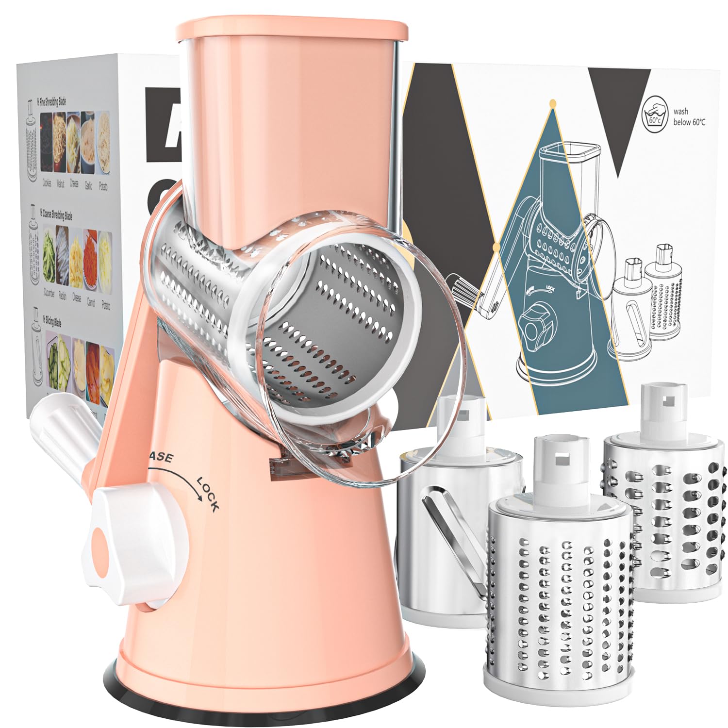 Cambom Rotary Cheese Grater Hand Crank Cheese Shredder for Fresh Cheese, Vegetable, Nuts,Non-slip Suction Base，Three Blades,Pink