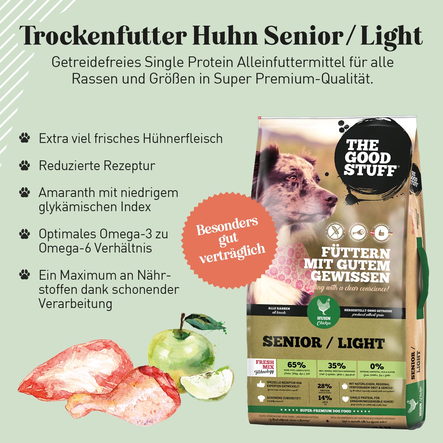 The GOODSTUFF Huhn (Senior/Adult Light) 12,5 kg | Getreidefreies Hundetrockenfutter mit frischem Hühnerfleisch | Für ältere Hunde mit wenig Aktivität | Hundefutter trocken | Premium Trockenfutter
