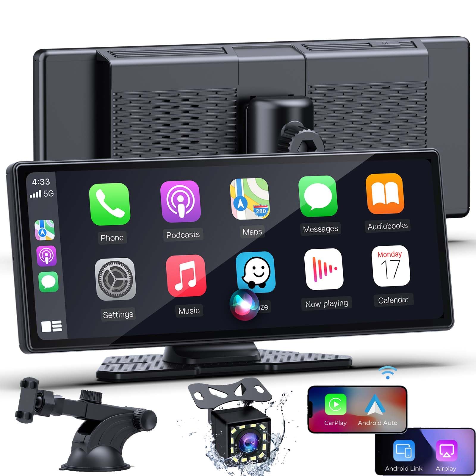 9.3" CarPlay Screen for Car Compatible with Wireless/Wired Apple Carplay & Android Auto,Portable Car Play Screen with Backup Camera,Mirror Link,Brightness adjustment,Navigation,Voice Control