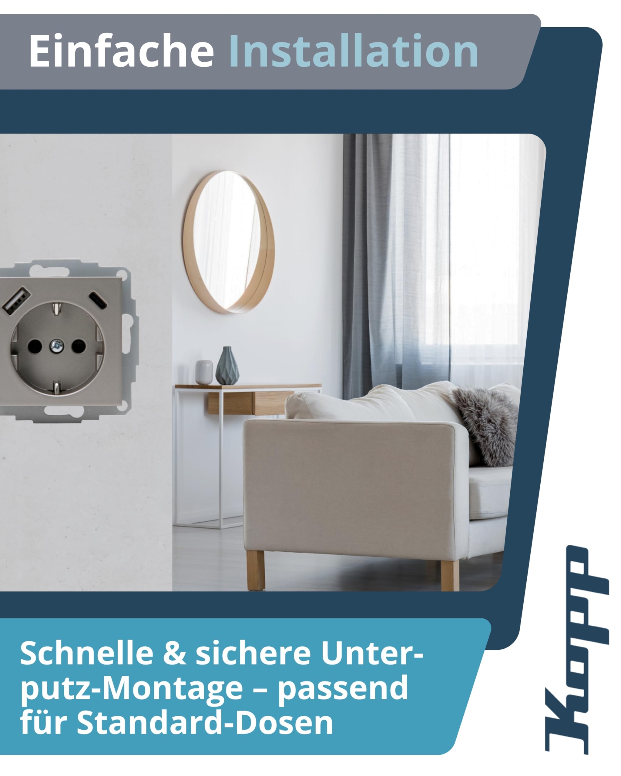 Kopp ATHENIS Unterputz-Steckdose mit USB A & USB C in Stahlfarben – Schutzkontakt-Steckdose mit integrierten Ladebuchsen – 16 A / 250 V~ IP20 – Steckklemmen & erhöhter Berührungsschutz