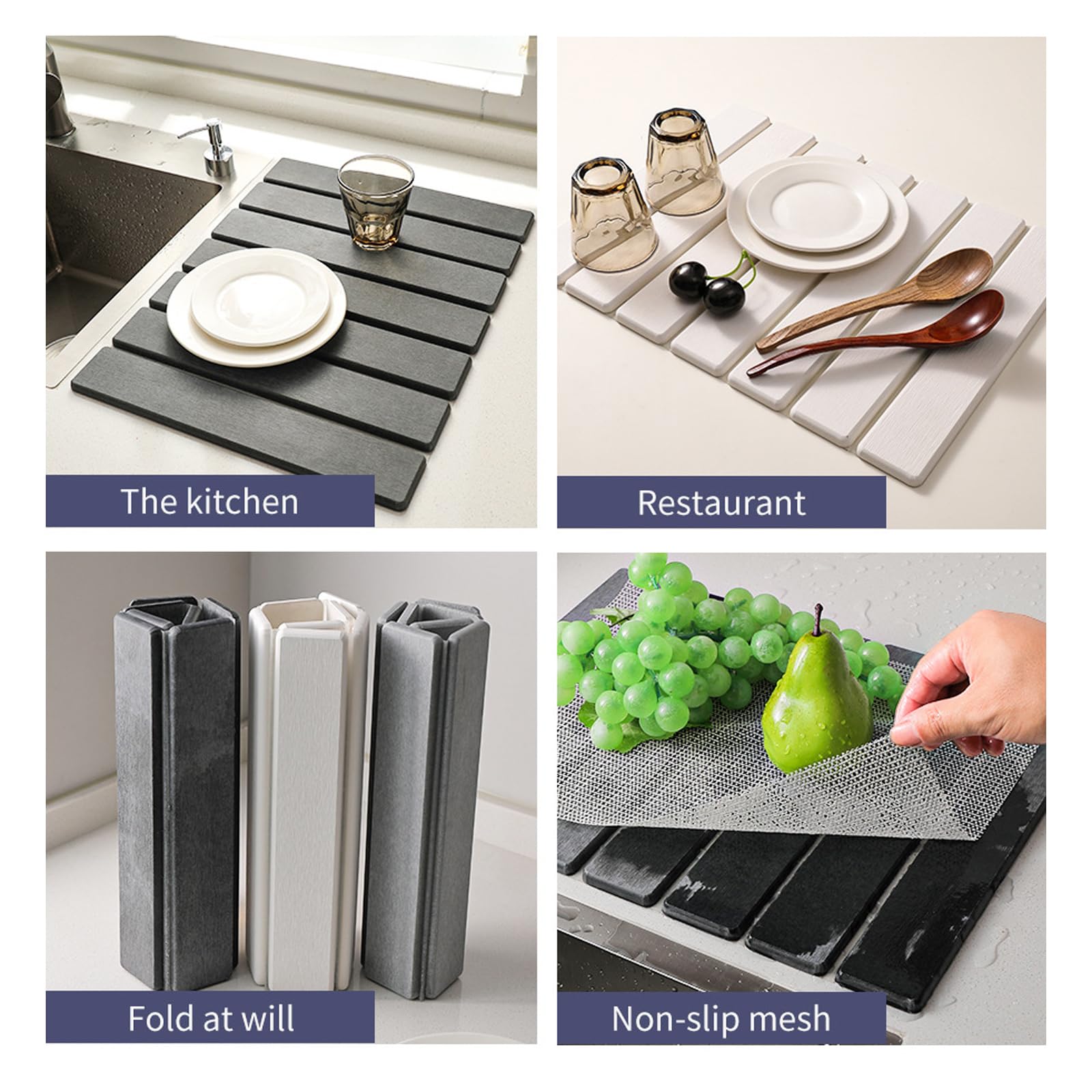Extra große Silikon-Abtropfmatten für Geschirr, super saugfähig, faltbar, Küchenarbeitsplatten, stabil, wasserdicht, Spülbeckenschutz, benutzerfreundliches Silikon-Abtropftablett