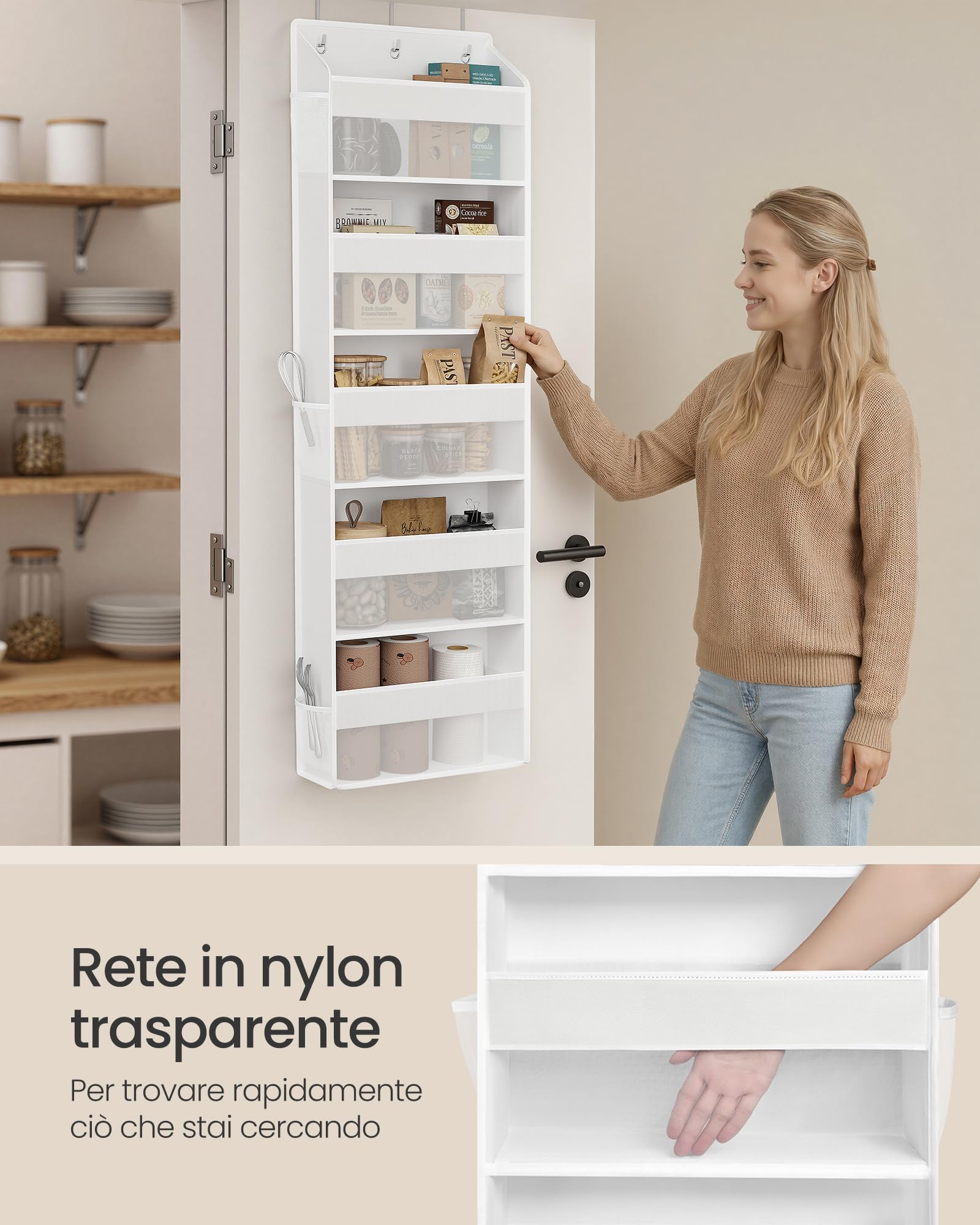 SONGMICS Organizer da Porta, 5 Scomparti, Portaoggetti da Appendere Pieghevole, Ganci in Metallo, Trasparente, Tasche Laterali, Bianco Nuvola RDH010WH01