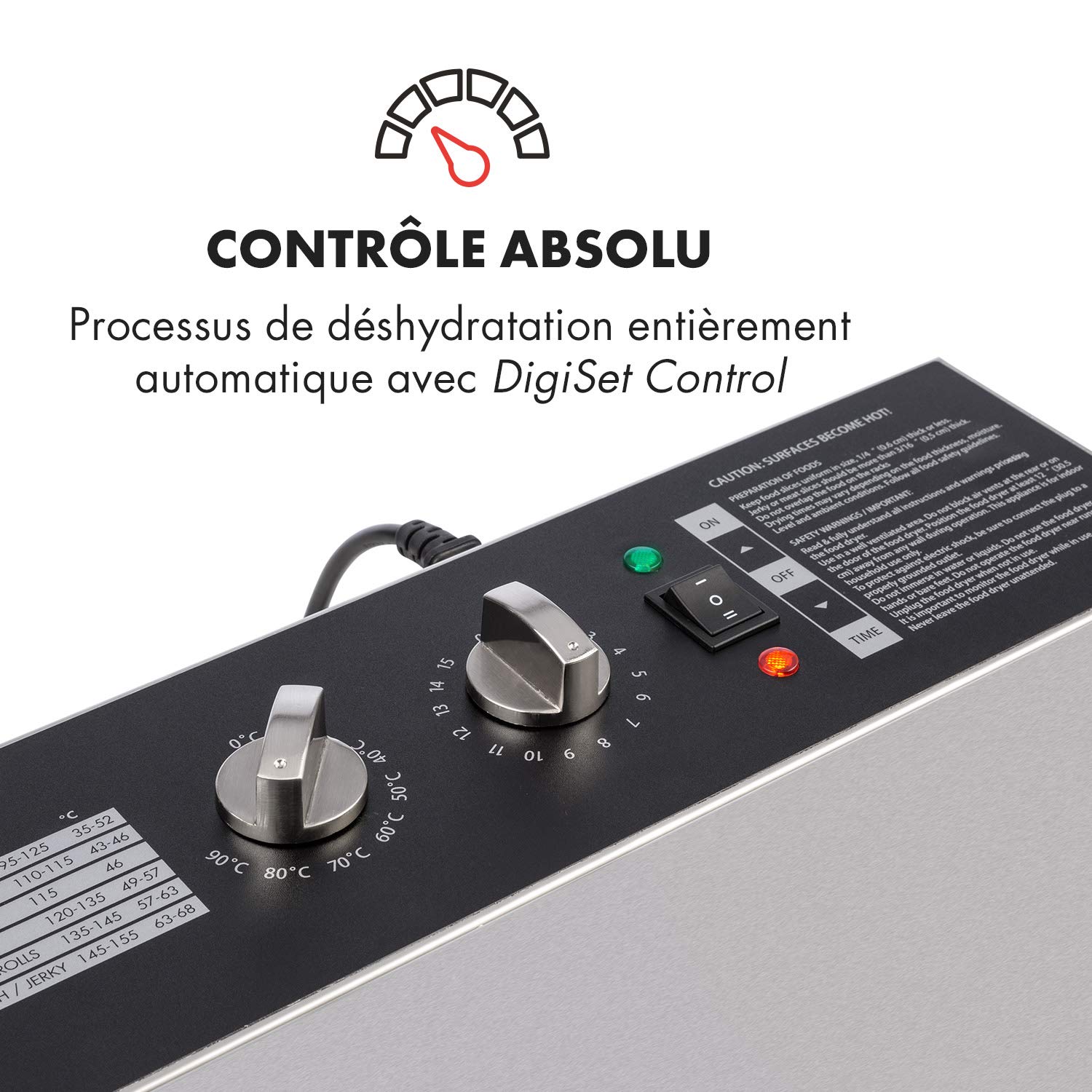 KLARSTEIN Master Jerky - Déshydrateur alimentaire, Température réglable en continu de 40-90 °C, Minuterie 15h, DigiSet Control, Boîtier en inox, 1500W, 4 à 20kg de fruits - Argent