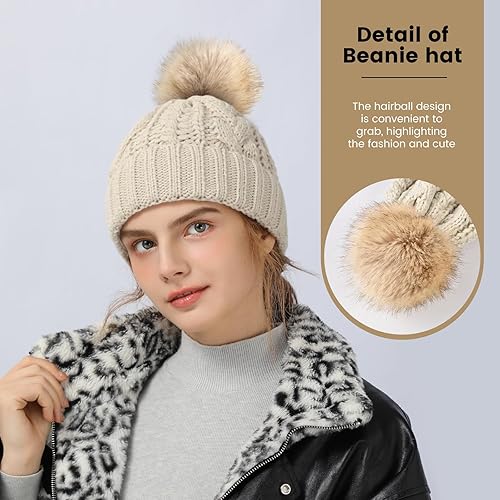 Miniatura 4 de Avisky Womens Winter Knitted Beanie Hat with Faux Fur Winter Hats for Women Fur Pom Warm Knit Skull Cap Thick Beanie Hat