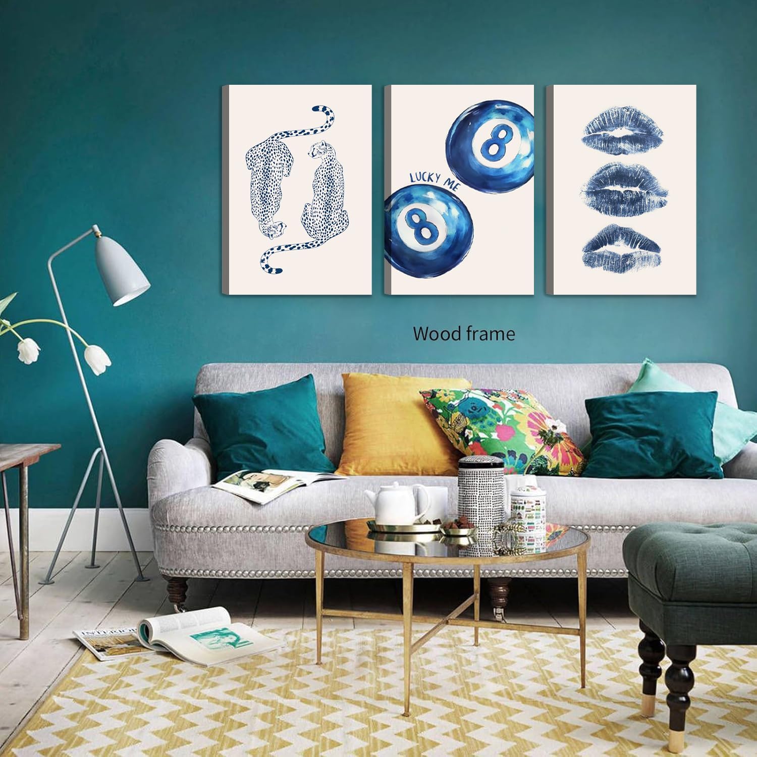 Preppy Blue Cheetah Canvas Wall Art Navy Retro 8 Ball Aesthetic Artwork with Kiss Lips Trendy Leopard Modern Poster Prints for Bedroom Living Room Apartment Decor Ready to Hang (16x24in canvas)