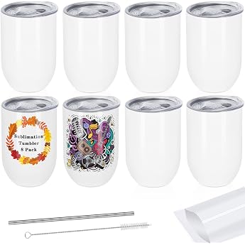 Draheri 12 oz Sublimation Wein Tumblers Rohlinge Masse Edelstahl Doppelwandige Isolierte Sublimation Tassen mit Stroh und Schilfb rste Einzeln verpackt 8 Pack