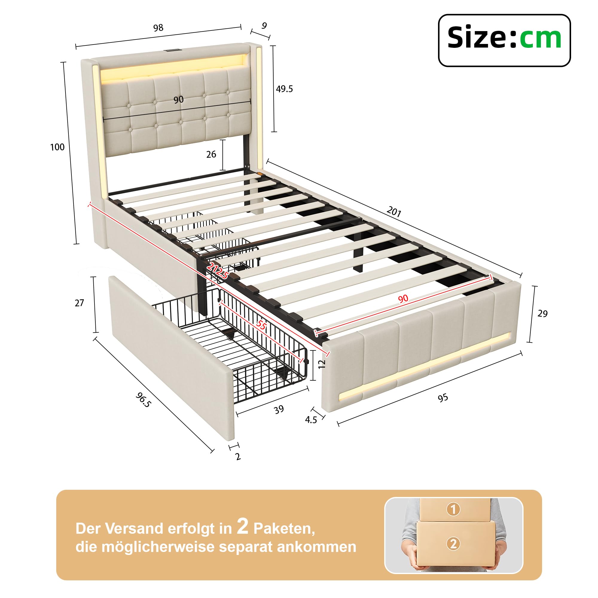 Cama tapizada 90 x 200 cm con espacio de almacenamiento, cama individual con cajones, cama juvenil con iluminación LED y estación de carga, estructura de cama con marco de metal y somier de