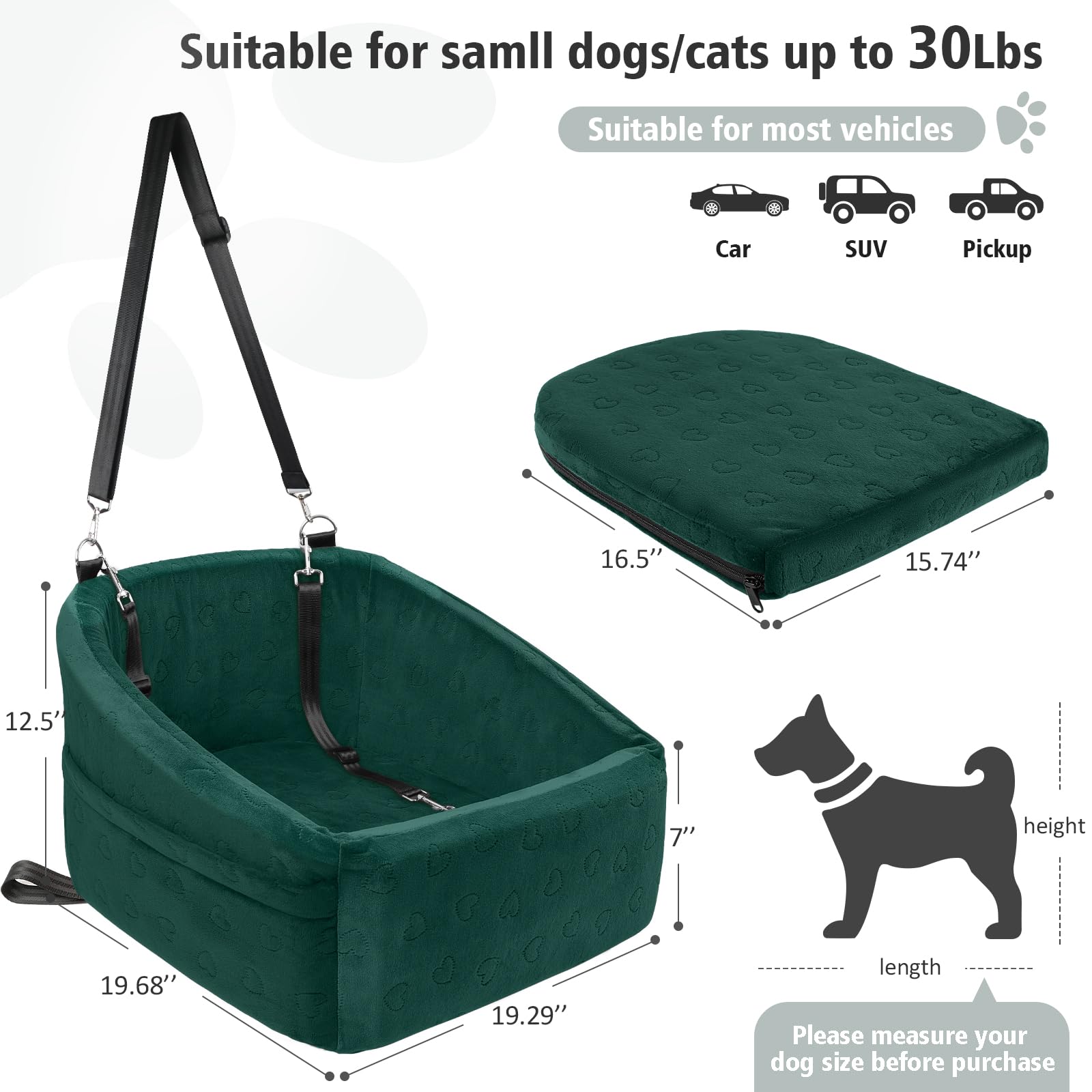NEEZUKAR Dog Car Seat for Small Medium Dogs,Detachable Washable Dog Booster Seat Under 30lbs, Pet Car Seats Travel Bed with Storage Pockets and Safety Belt(Green)