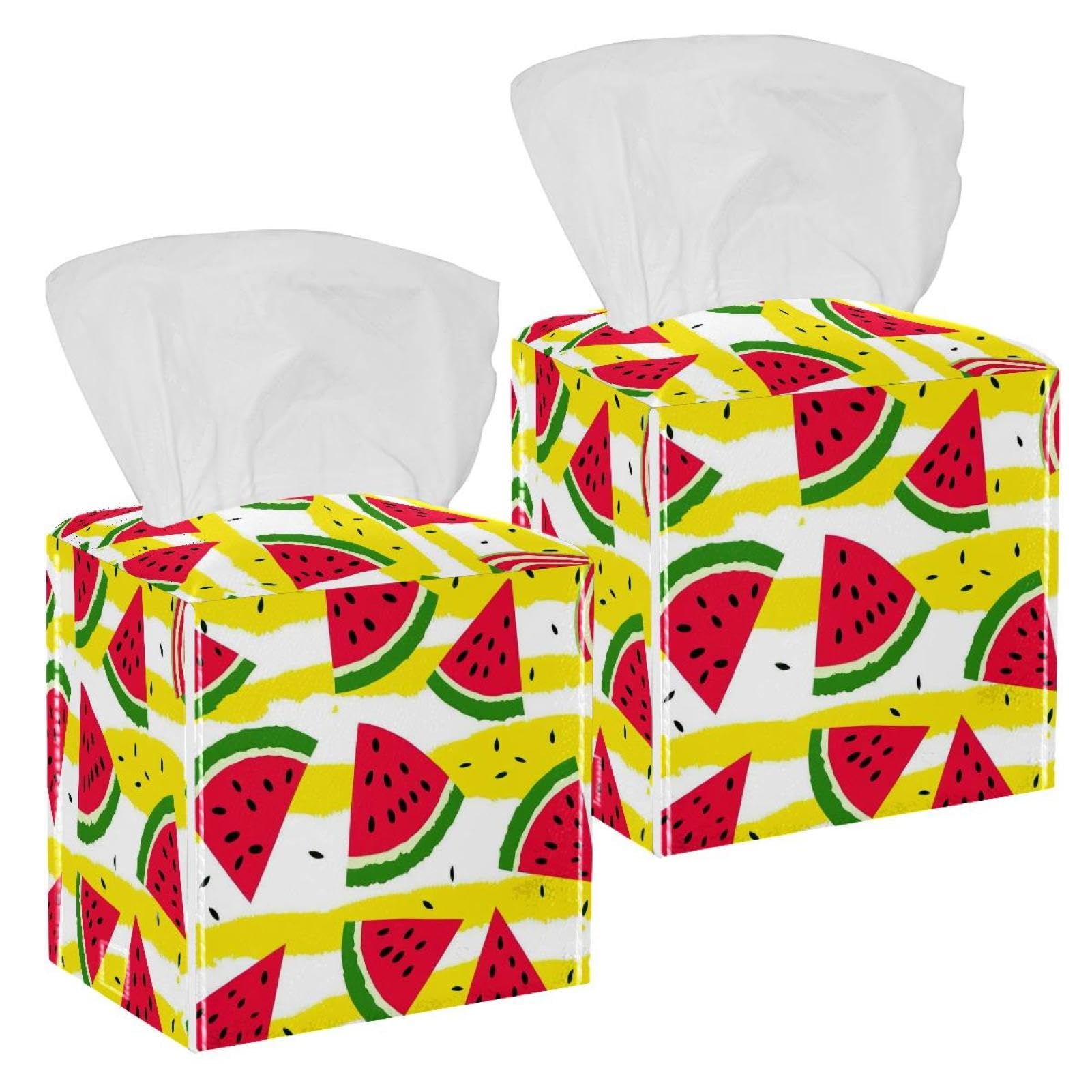 Watermelon Tissue Box Cover, 2 Pack PU Leather Square Facial Tissue Dispenser Box holder for Home Office Car
