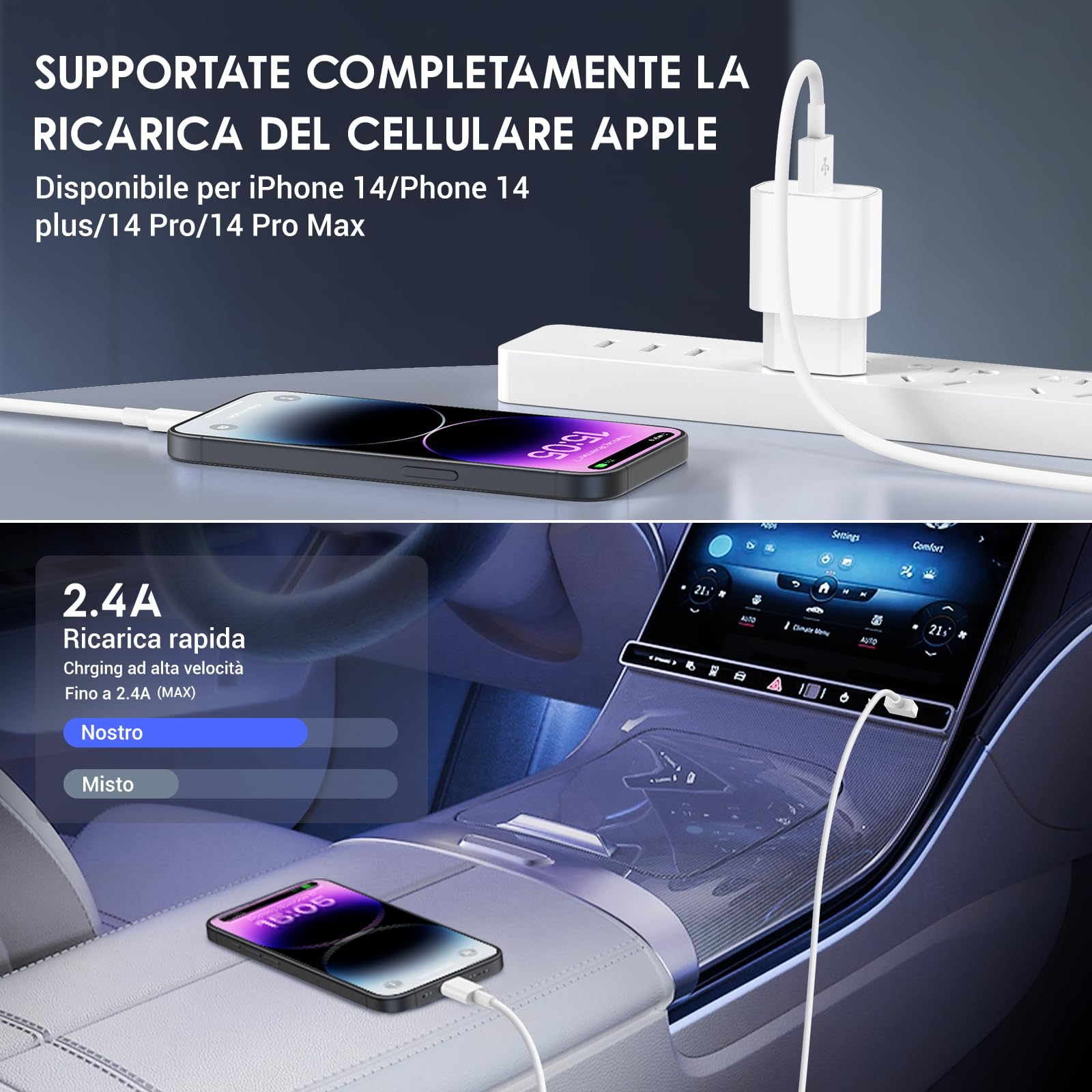 QZIIW Cavo Per iPhone,Originale Apple Certificato MFi,Cavo USB Apple Ricarica Rapida,Cavo Lightning 4 Pezzi 1M+2M,Cavo USB A to USB Lightning per iPhone 14 13 12 11 Pro Max XS XR X 8 7 6 5 SE iPad