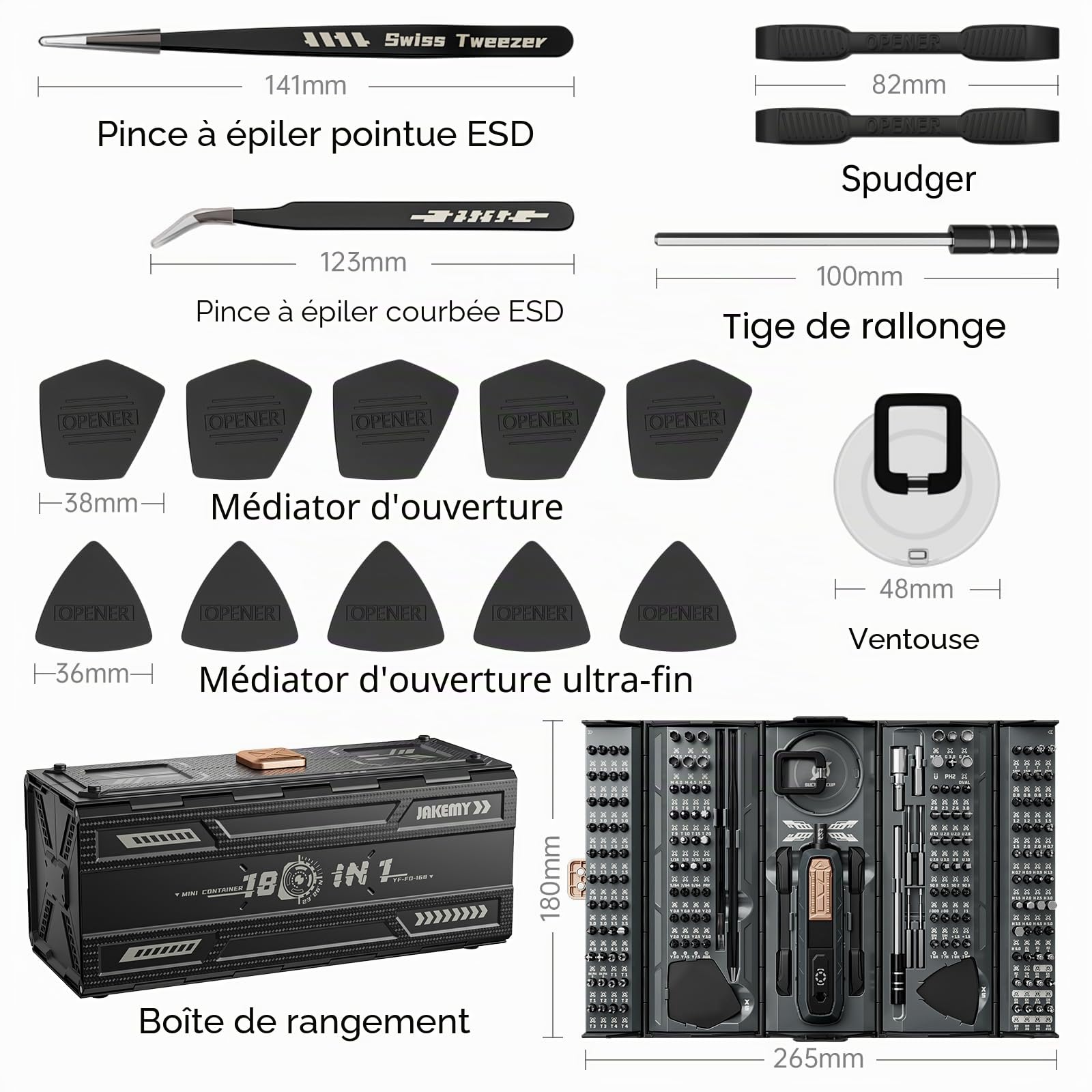 JAKEMY Tournevis mécanique de précision 180 en 1 avec kit d'extracteur de vis pour ordinateur portable, iPhone, iPad, Switch, PS5, Xbox, téléphone mobile, MacBook, ordinateur, lunettes, montres, etc