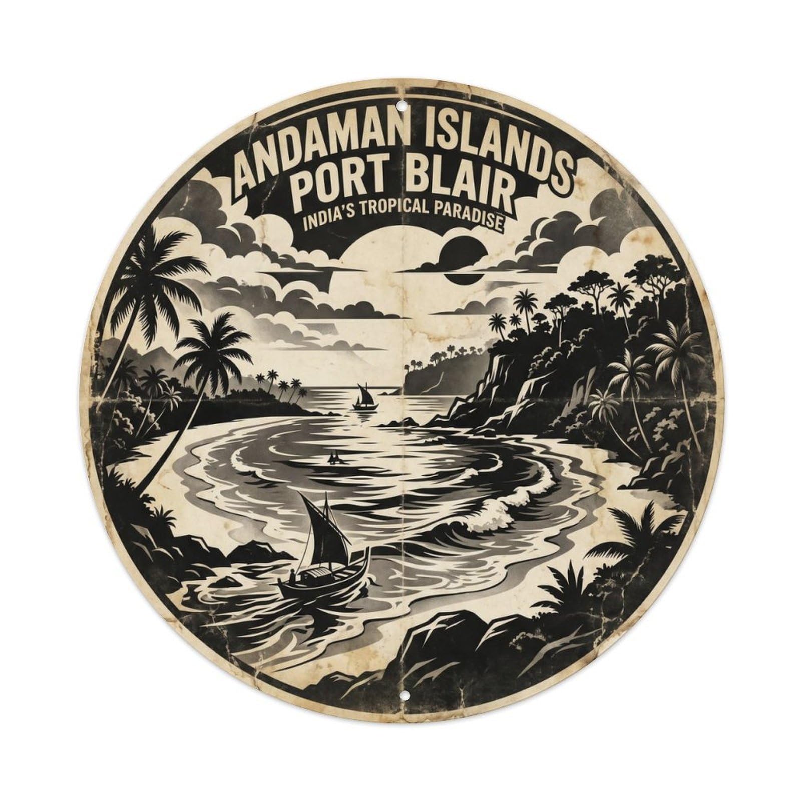 Olhnbad 08X08inch Style Andaman Islands Port Blair Tropical Lagoon Black White Metal Tin Sign