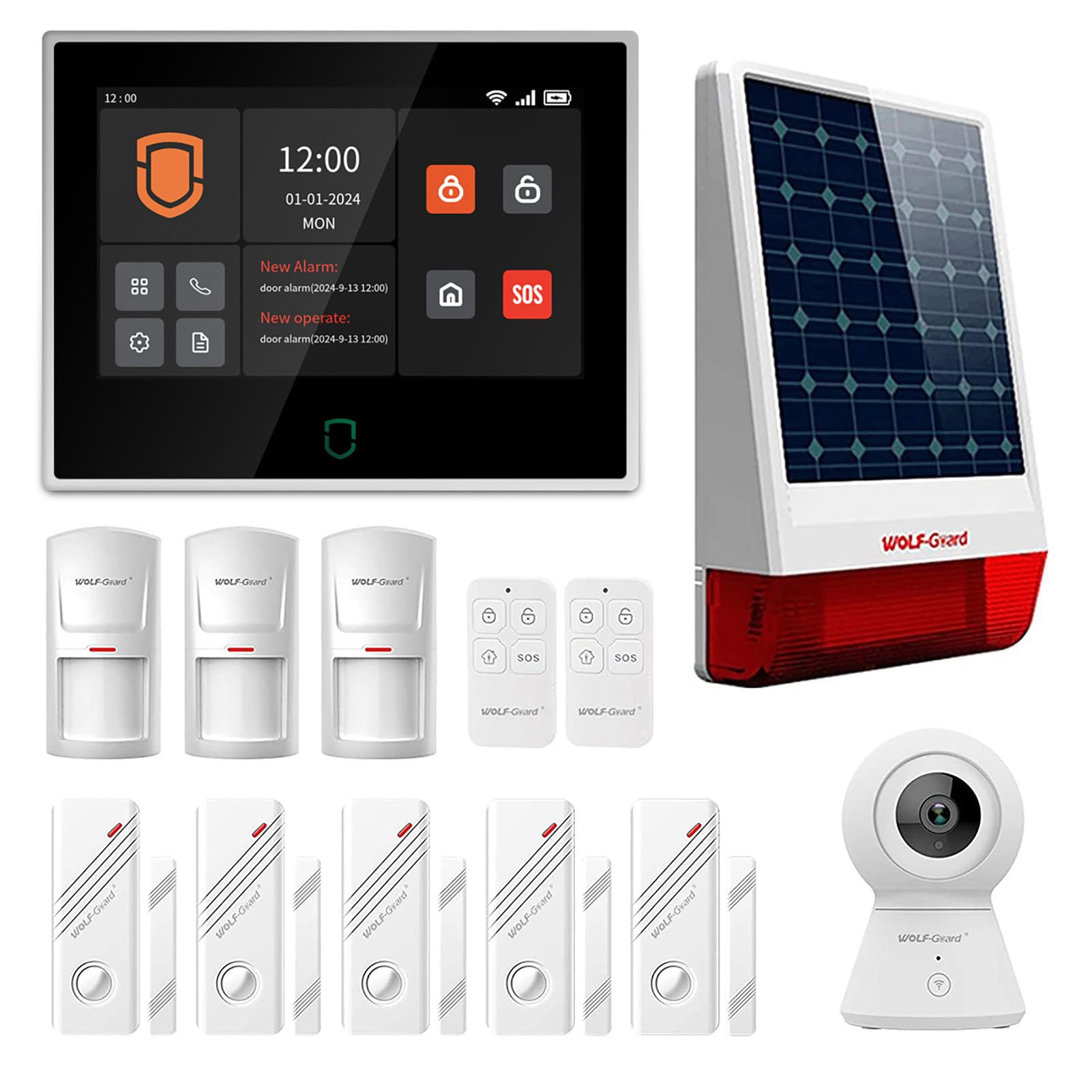 Wolf Guard WT4F-W06-K2 antifurto allarme casa domestico con touch screen da 7 pollici, sistema di sicurezza intelligente 4G + WiFi app Tuya, con telecamera HD 1080P, sirena solare da esterno