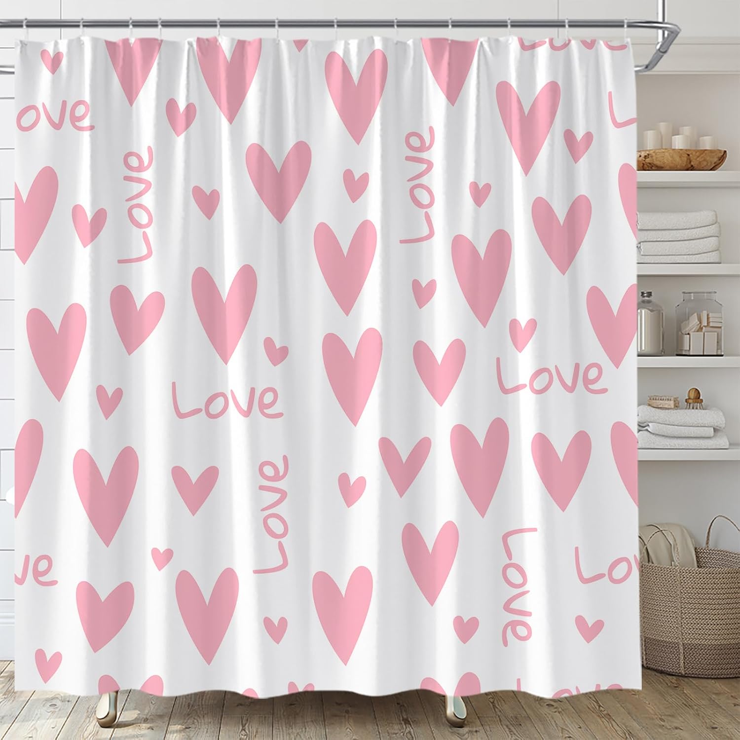 Red Heart Shower Curtain Valentine's Day Love Romantic Valentines Sweet Couple Bathroom Curtain Fabric with Hooks(90" Wx70 H)