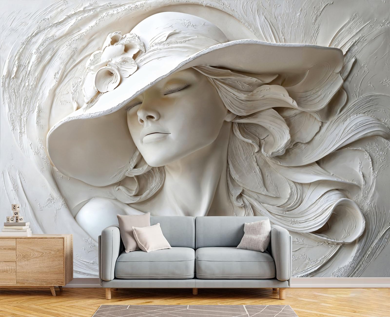 3D Carta Da Parati Panoramica Una Donna Elegante Con Il Cappello, 300x210cm Carta Da Parati in Seta Arte Del Rilievo Classica, Decor Murali per Camera, Soggiorno, Poster Xxl Da Parete Grande Affiche