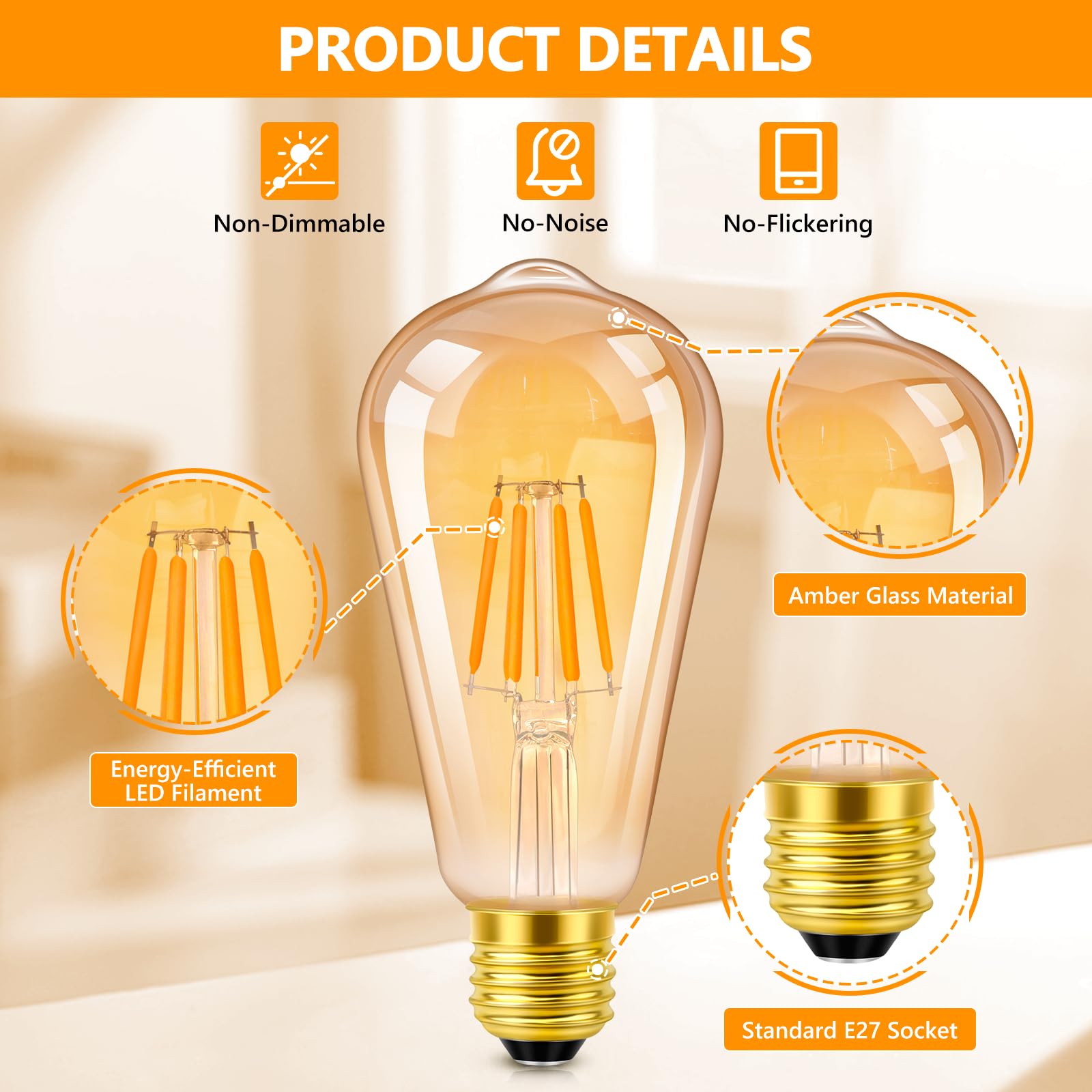 Morotty E27 Vintage Edison Screw Bulbs 6W,ST64 Led Filament Bulb Amber Glass Screw Lamp Decorative Light Bulb Warm White 2700K,60w Equivalent,400lm,Non-Dimmable,Pack of 2 - Image 3