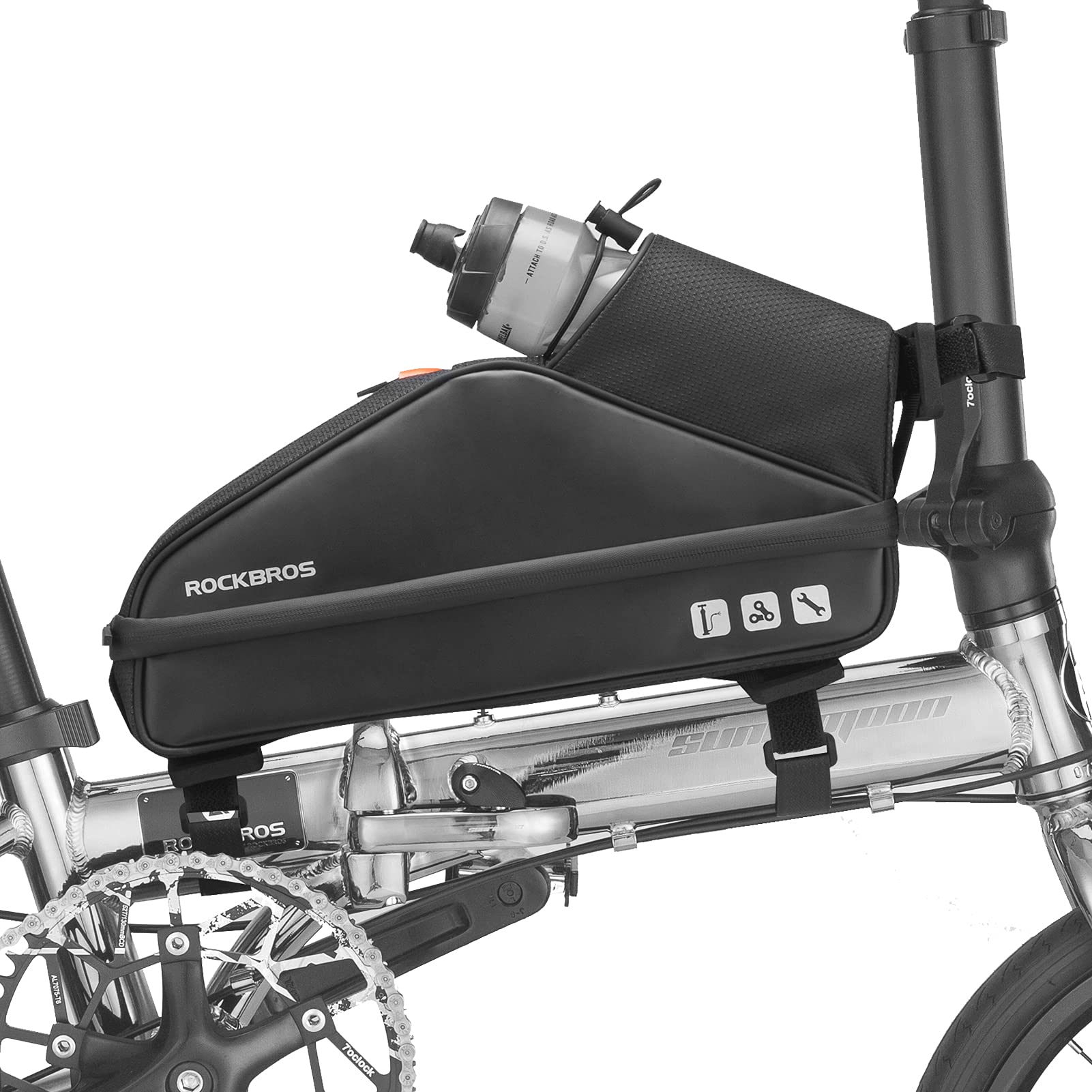ROCKBROS Borsa da Bicicletta Tubo Telaio Triangolo, Borsa Impermeabile con Tasca per Bottiglia, con Portaborraccia per Pieghevole Bici, Scooter, circa 1,5L