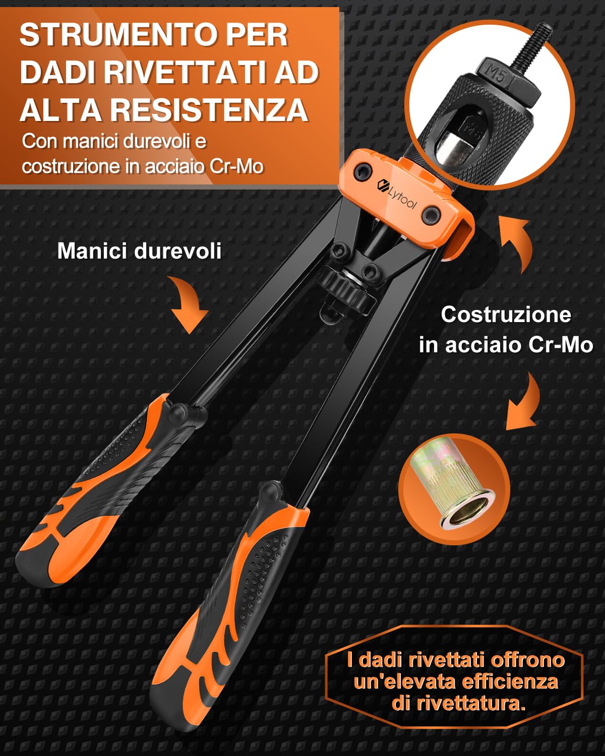 Lytool Rivettatrice per Inserti Filettati 14‘’,Rivettatrice Filettati Manuale 6 Mandrini Metrici e 205 Dadi per Rivetti(M3-M4-M5-M6-M8-M10),Custodia da Trasporto Pesante, Chiave, 2 Perni di Bloccaggio