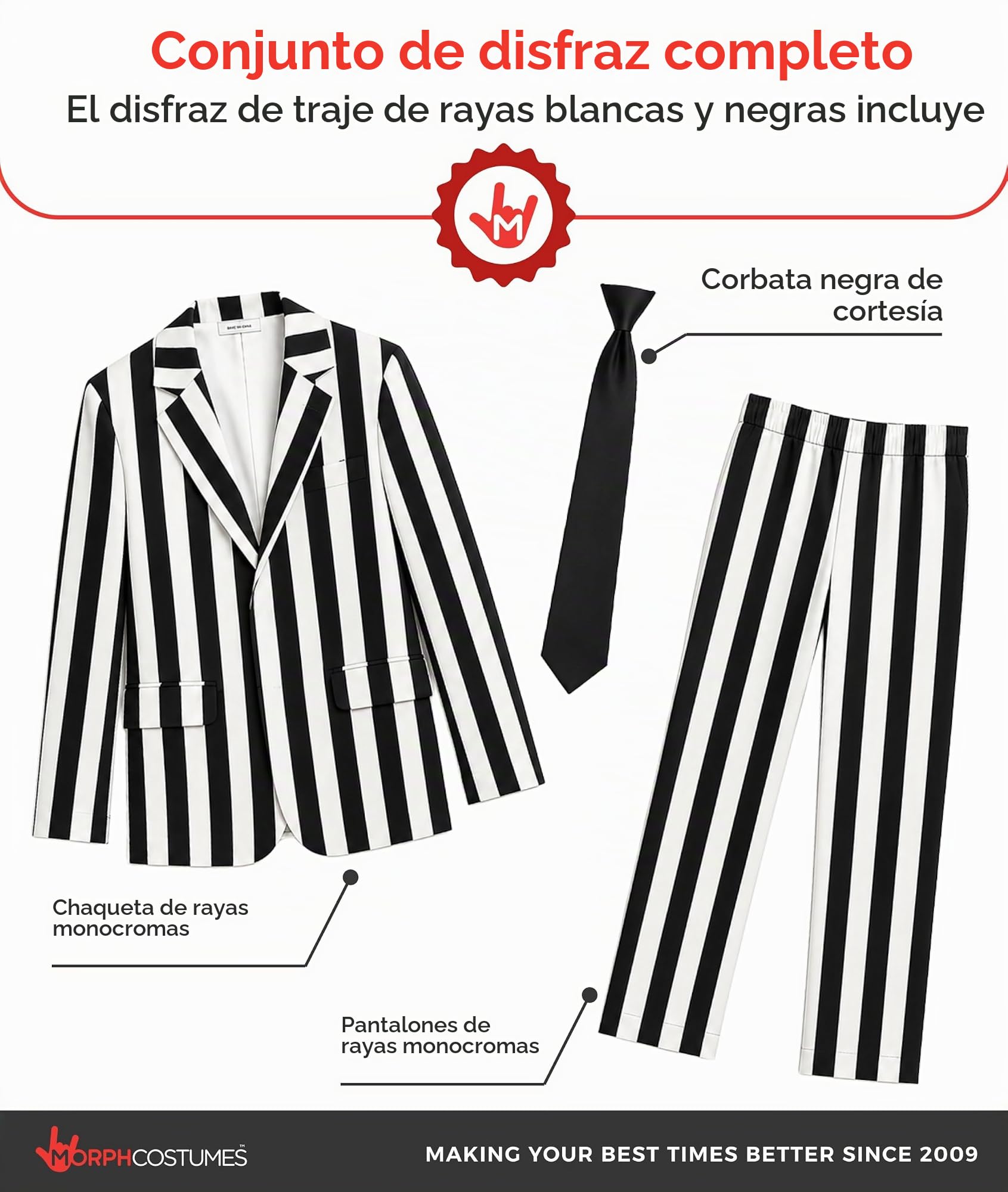 Fun Shack Disfraz Fantasma Hombre, Disfraz a Rayas Halloween Hombre | Chaqueta a Rayas, Pantalón Negro & Corbata, Estilo Monocromático, Perfecto para Halloween, Ideal para Disfrazarse