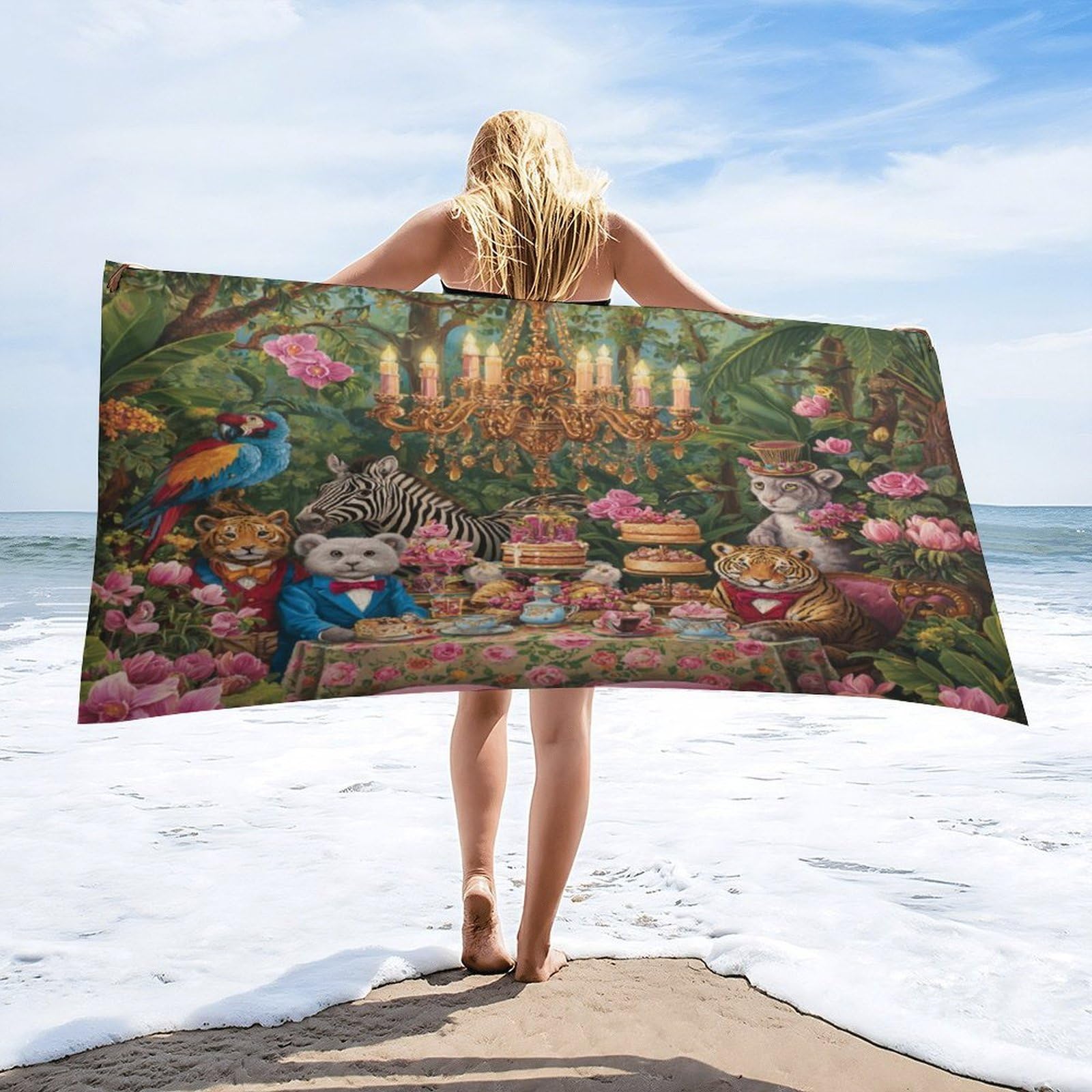 Luyysky Colorful Realistic Zebra Parrot Quick-Drying Beach Towel, Classic Abstract Tropical Jungle Animal Tiger Plant Palm Leaves Travel Vacation Single Sided Pile Bathroom Towels-80 W Cm X 160" L Cm