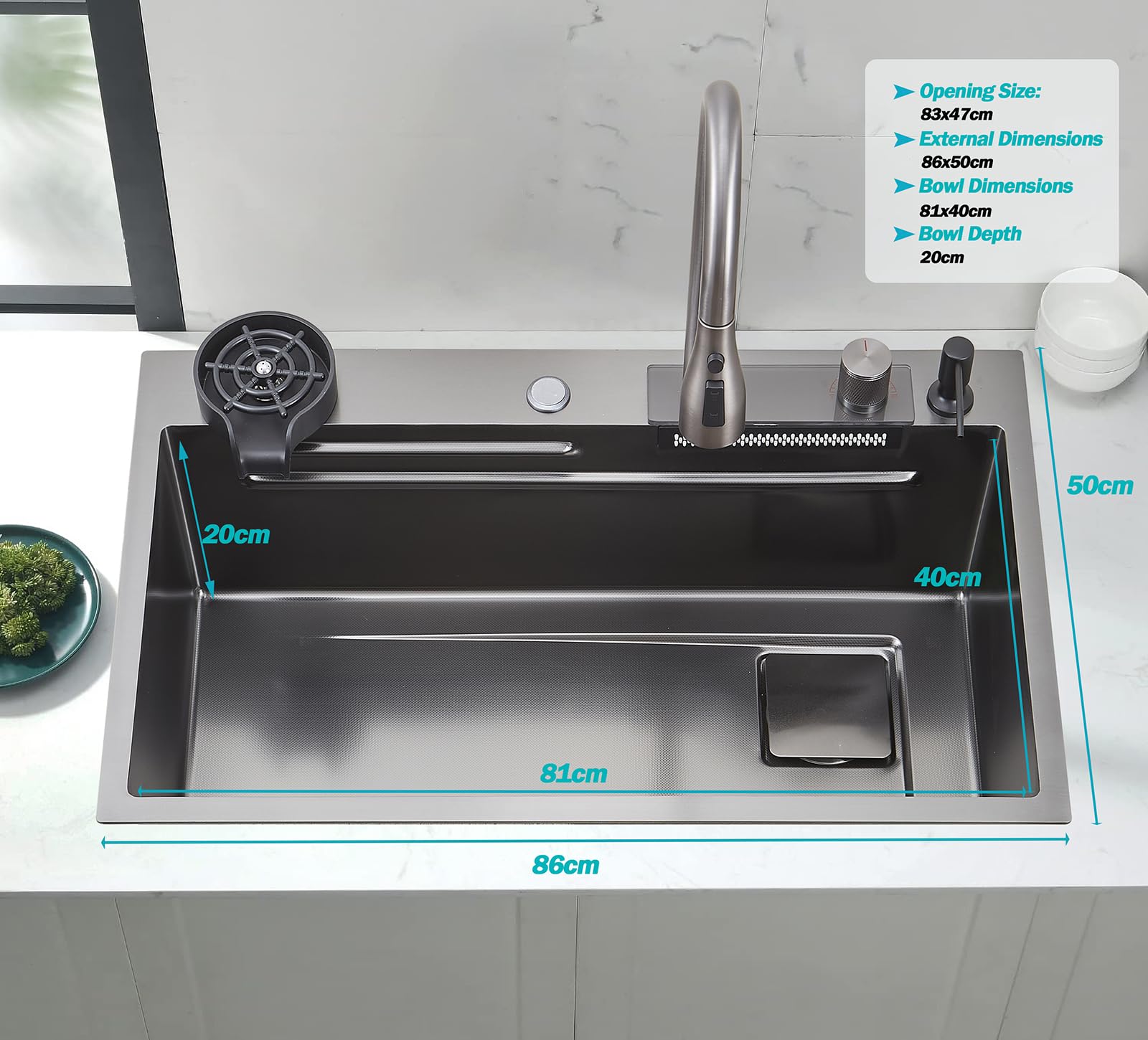 Lavello da cucina a cascata, lavello in acciaio inossidabile T304, 86 x 50 cm, lavello da cucina multifunzionale, lavello da incasso, lavello con rubinetto multifunzionale e vari accessori