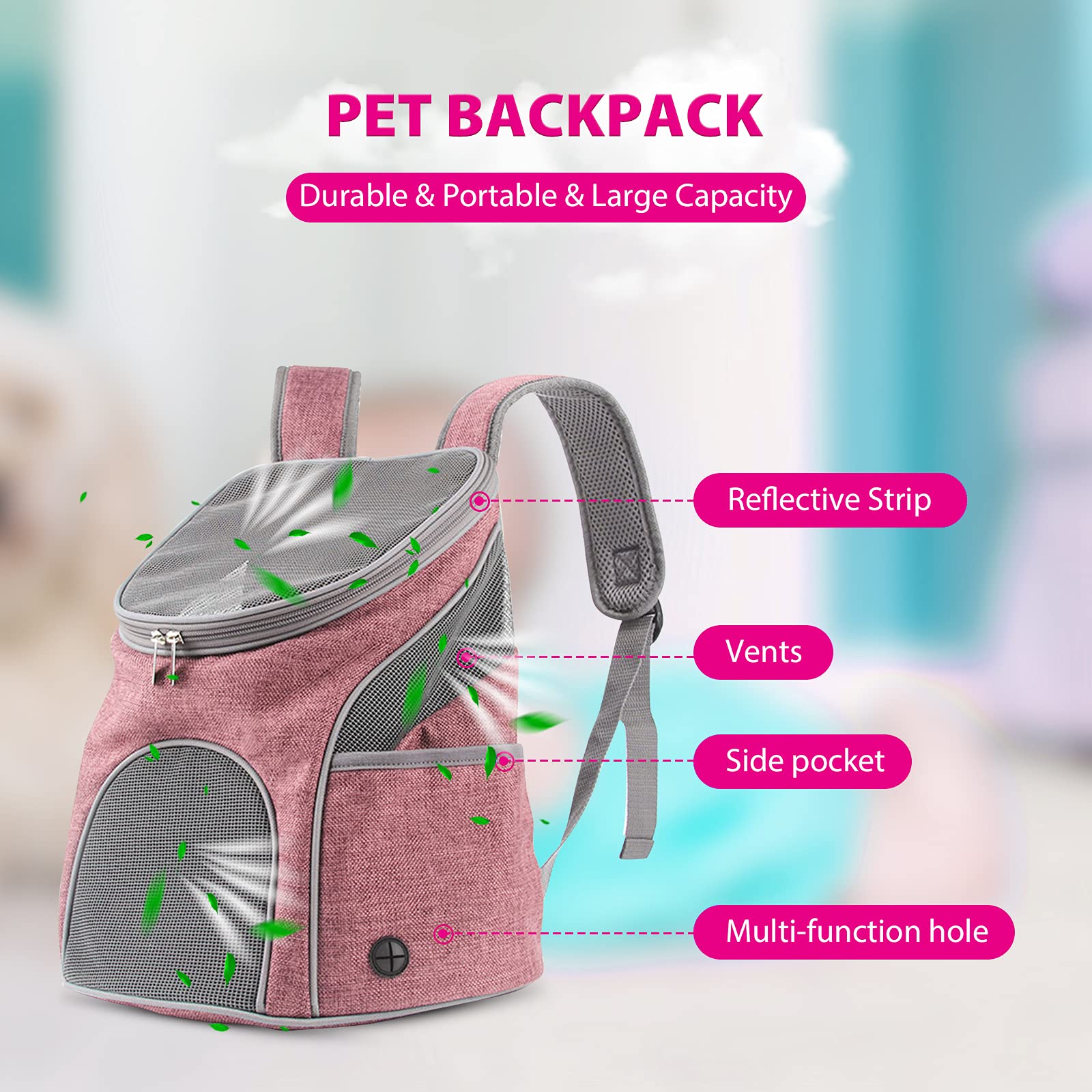 PETCUTE Zaino per Cani Gatto,Traspirante Zaino Trasportino per Cani con Tappetino Staccabile,Zaino per Animali Domestici con Tracolla Regolabile per Viaggio Campeggio,Fino a 4kg
