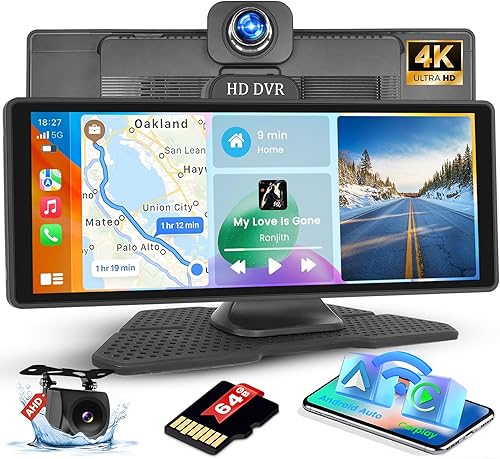 Pantalla Apple Carplay de 10.26 pulgadas con cámara frontal 4K y cámara trasera de 1080P, pantalla Hikity portátil inalámbrica Android Auto para