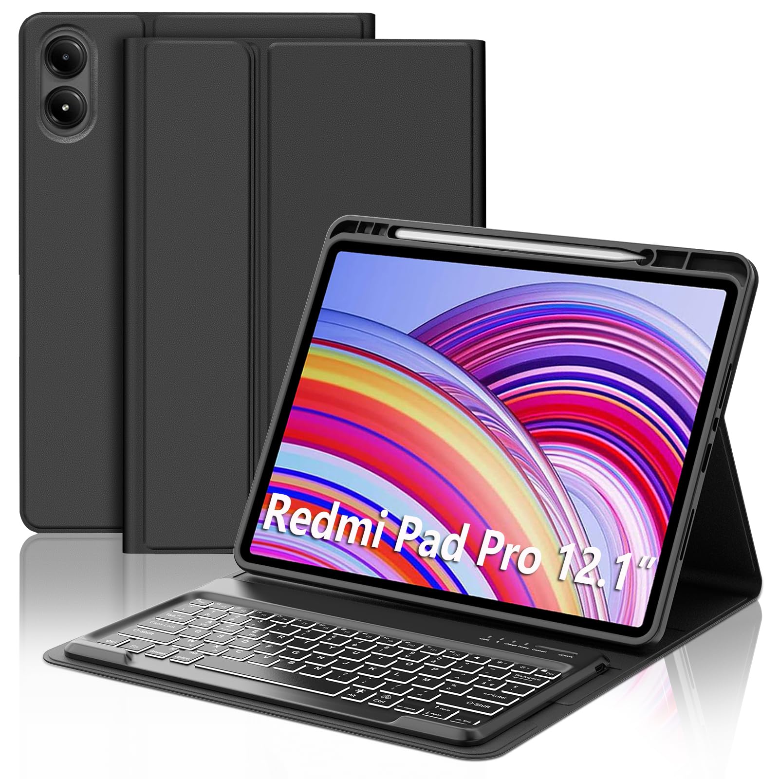 JADEMALL Coque Clavier pour Redmi Pad Pro 12.1" 2024/Xiaomi Poco Pad 12.1" | Étui Clavier AZERTY Français Rétroéclairé Détachable Magnétique Bluetooth pour Tablette Redmi Pad Pro 12.1 Pouces 2024, Noir