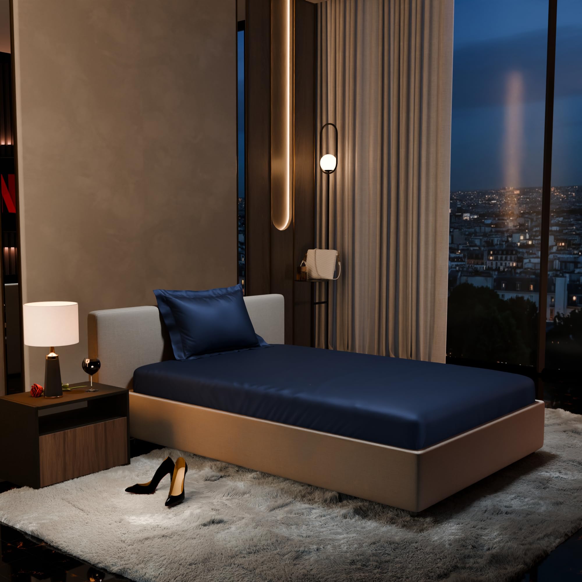 Stoa Paris 300TC UltraSatin Single Bedsheet Set, 10” Drop Fitted Bedsheet with 1 Pillow Cover, Hypoallergenic, Wrinkle Free, Aesthetic Bedding, Home Decor, Gift, Date Night - Mystique Blue