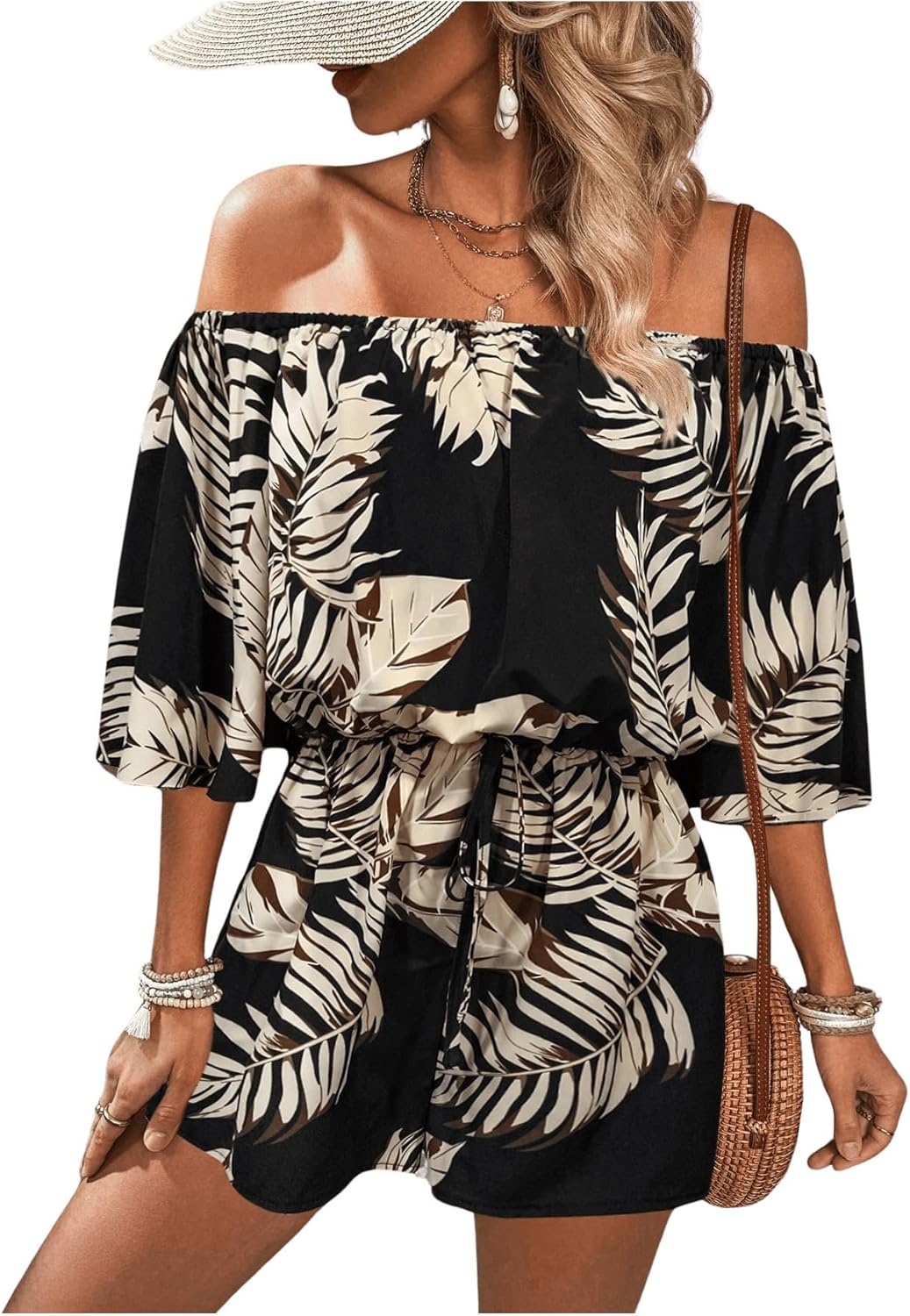 SHENHE Women’s Off Shoulder Flutter Sleeve Boho Tropical Romper Short Jumpsuit Playsuit