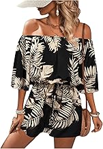 SHENHE Women's Off Shoulder Flutter Sleeve Boho Tropical Romper Short Jumpsuit Playsuit