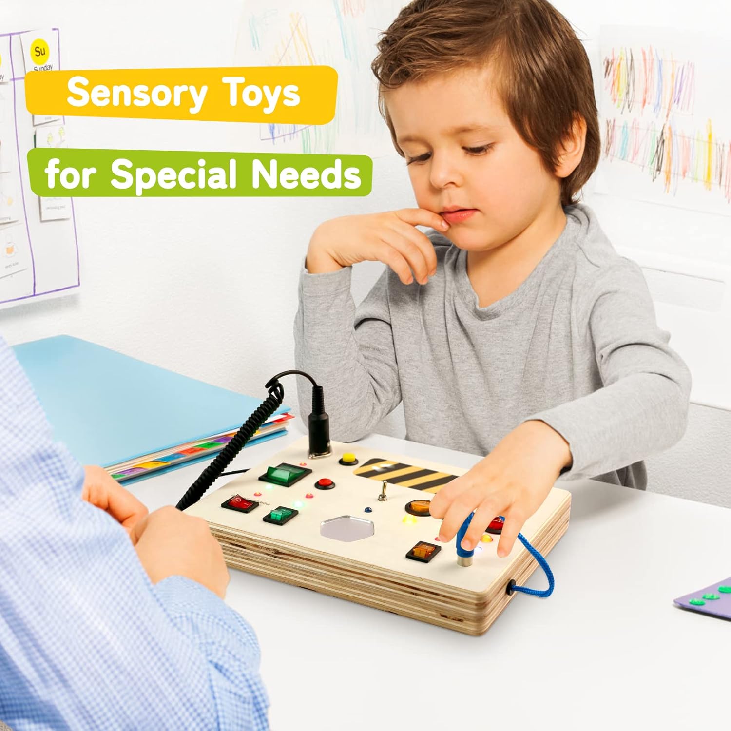 Switches Busy Board for Toddlers Montessori Light Switch Toys for Kids with Led Lights Up Pluggable Wires, Toys with Buttons to Push for Kids Aged 3+ Boys Girls Gift Educational Learning Fidget Toy