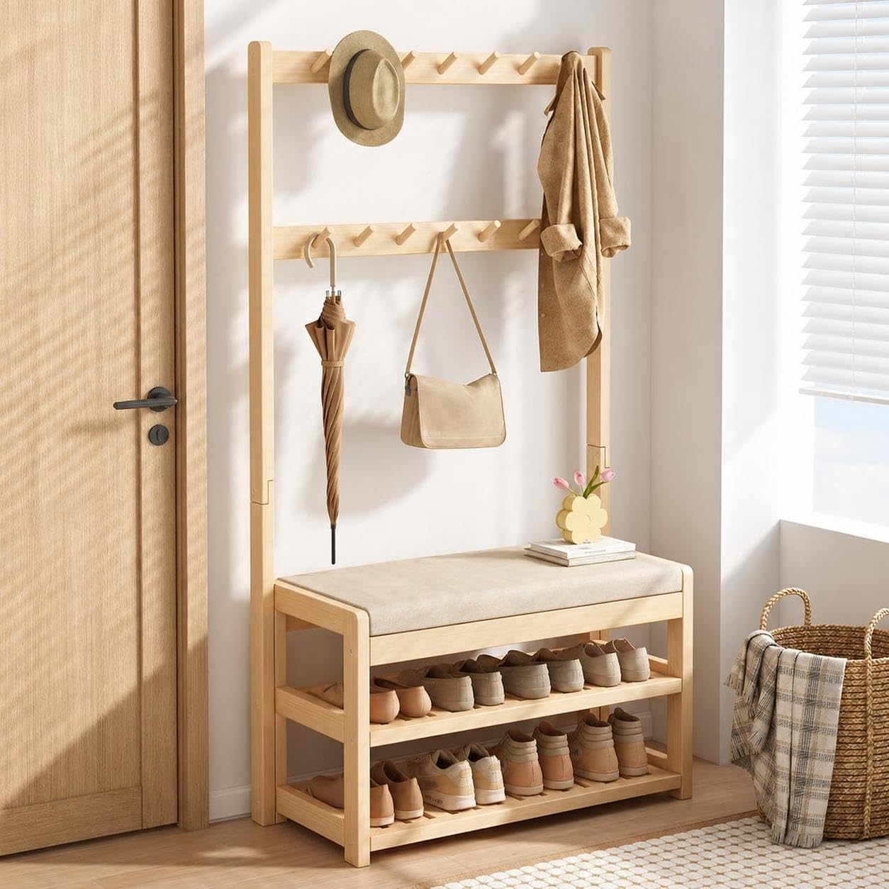 Árbol de recibidor de Madera Maciza, Perchero Independiente 2 en 1 con Banco y Zapatero, Ideal para Abrigos y Sombreros, Organizador de Entrada