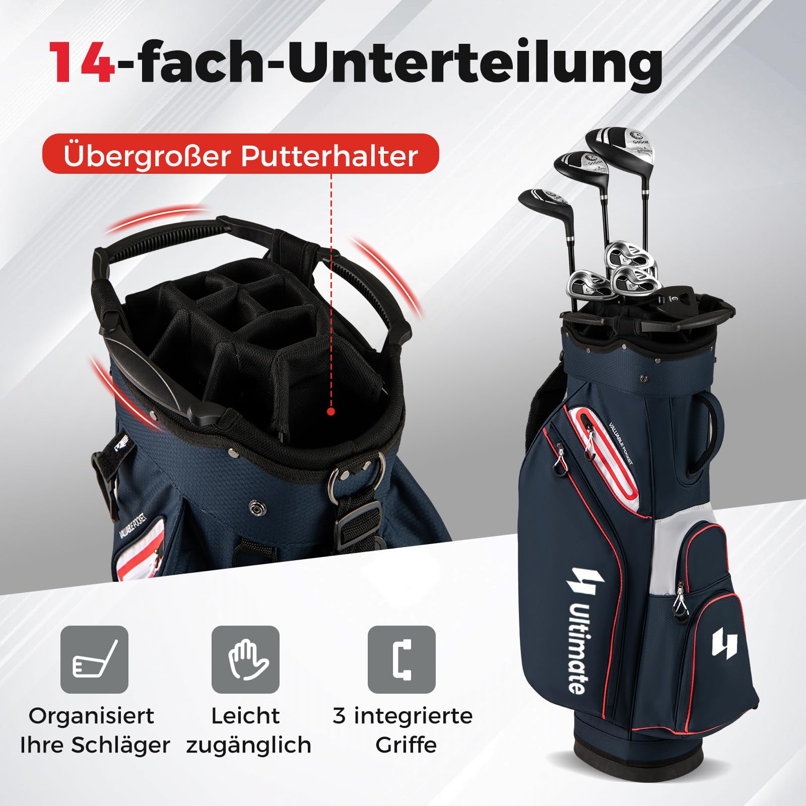 COSTWAY Golfbag, leichtes Golf Cart Bag mit 14 er Unterteilung & Tragegurt, Wasserabweisende Golftasche mit Regenhaube, Golfwagentasche tragbar für Herren & Damen